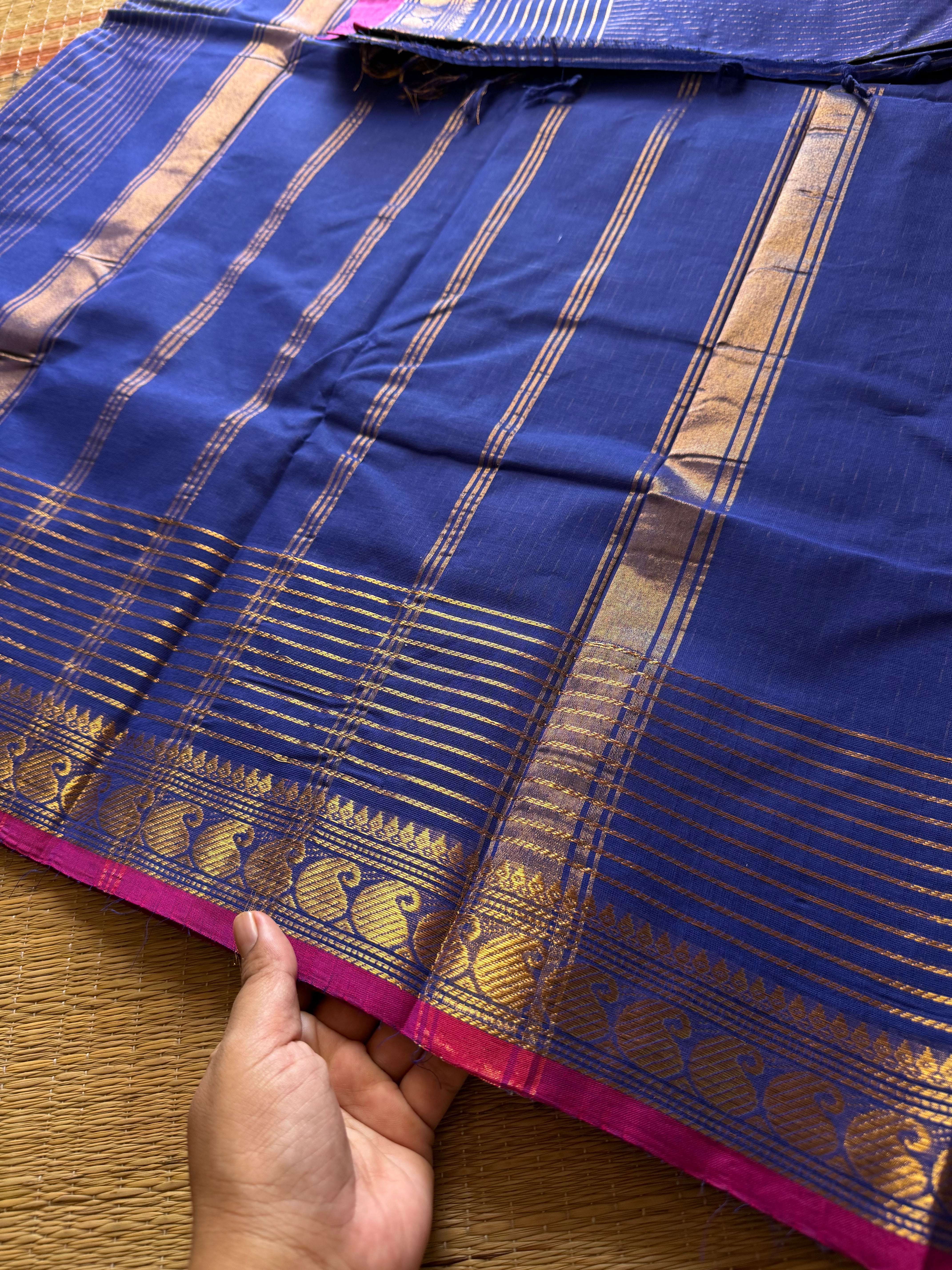 RF355 Royal Blue Shade Vaira Oosi Kanchi Cotton Saree With Small Contrast Mango Border