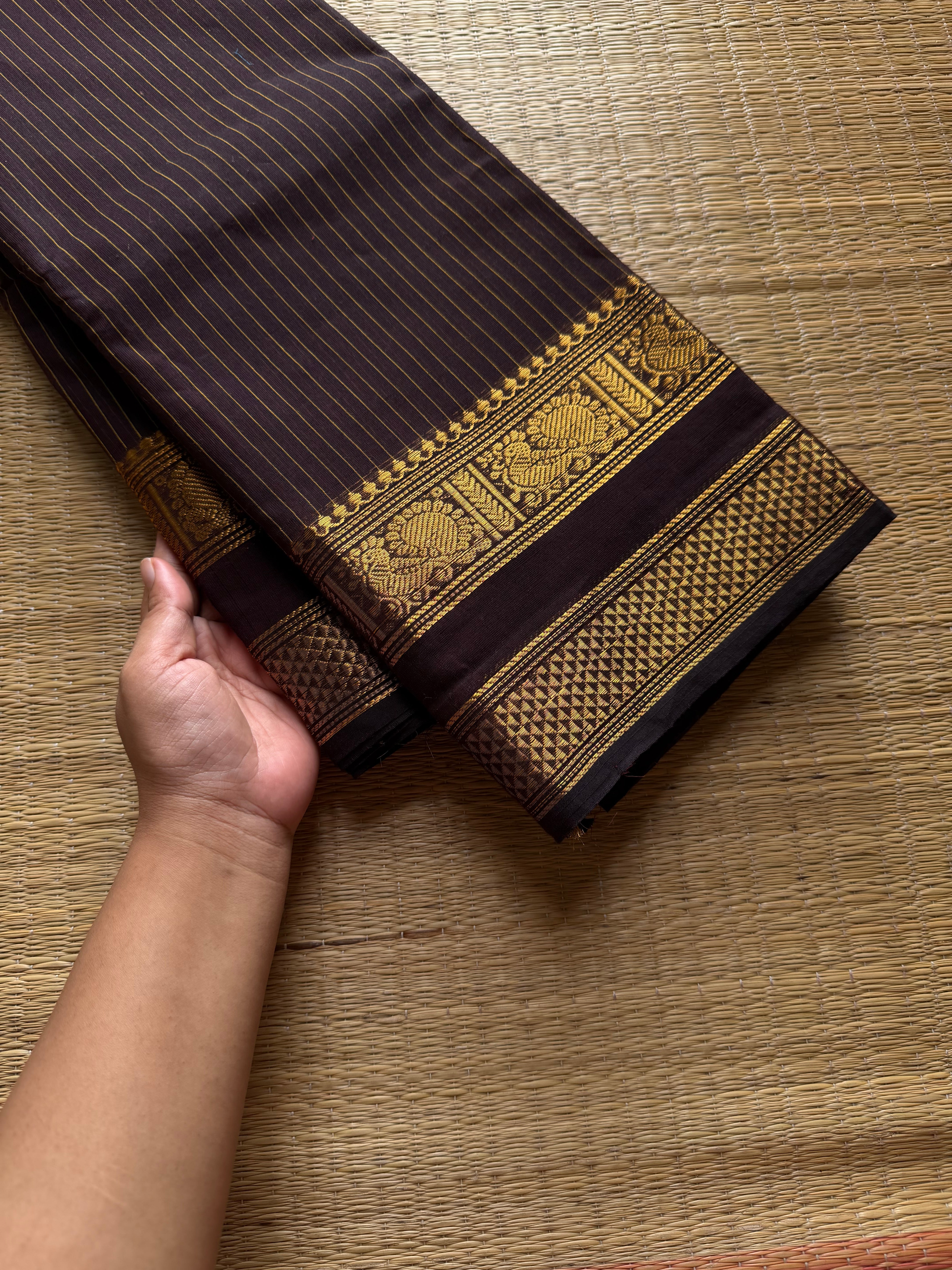 RF876 Deep Coffee Brown ~ Premium Vintage Border Monotone Kanchi cotton saree with Korvai Vaira Oosi thread vertical lines pattern
