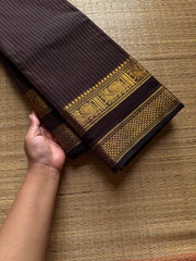 RF876 Deep Coffee Brown ~ Premium Vintage Border Monotone Kanchi cotton saree with Korvai Vaira Oosi thread vertical lines pattern