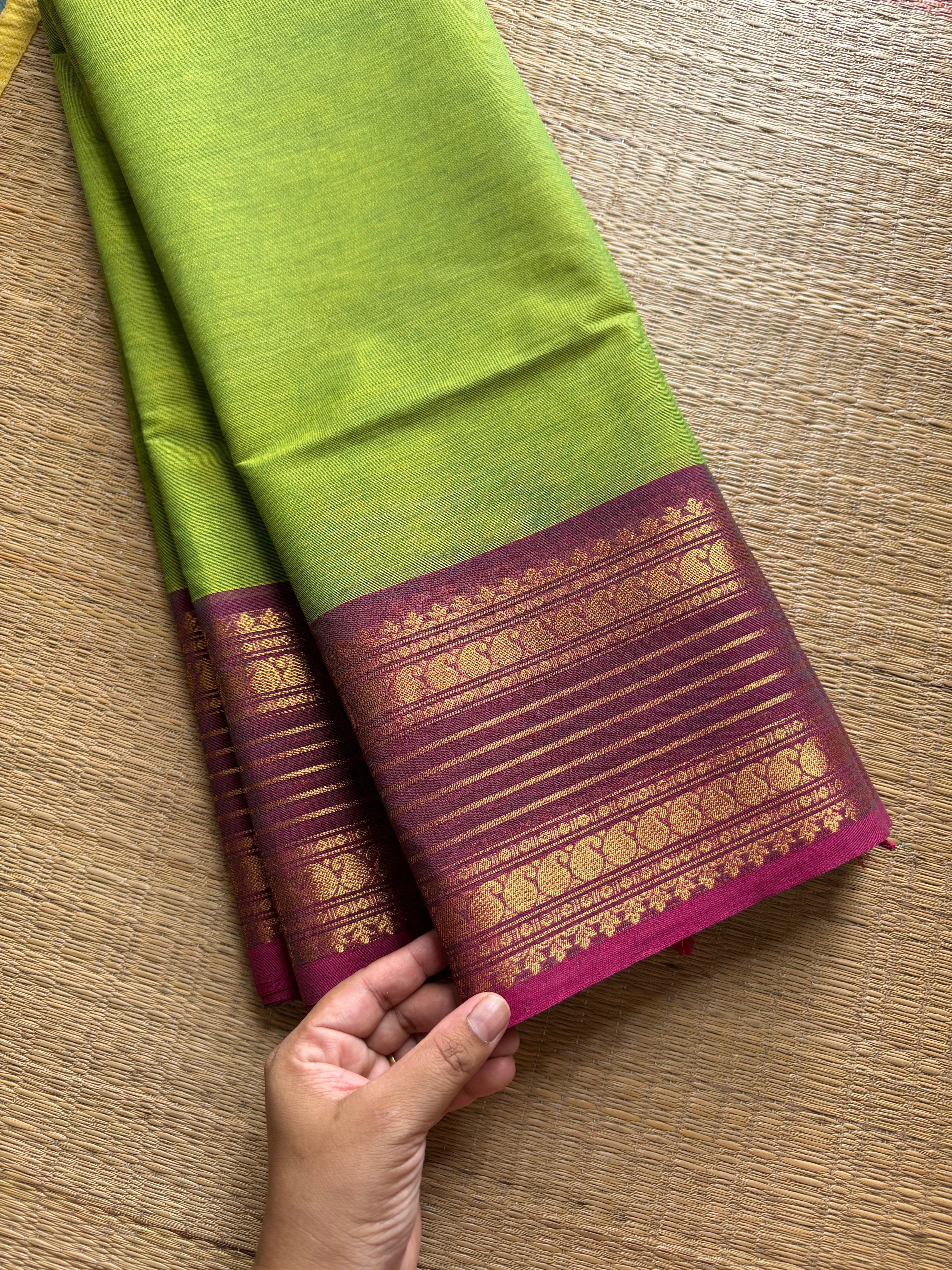 RF535 Dual tone Apple green with pink combination Kanchi cotton saree with unique border