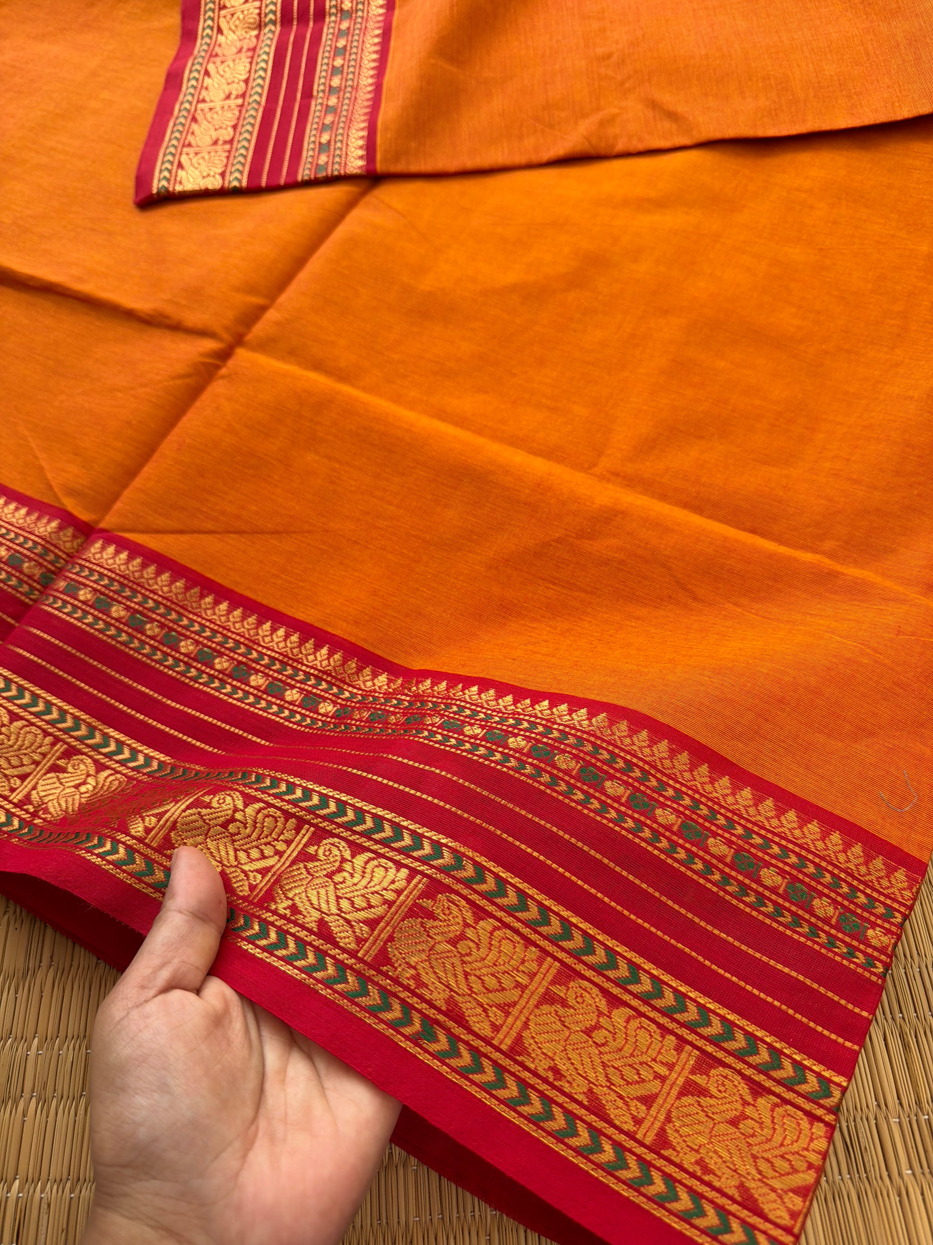 RF173 Orange with green combination Kanchi cotton saree