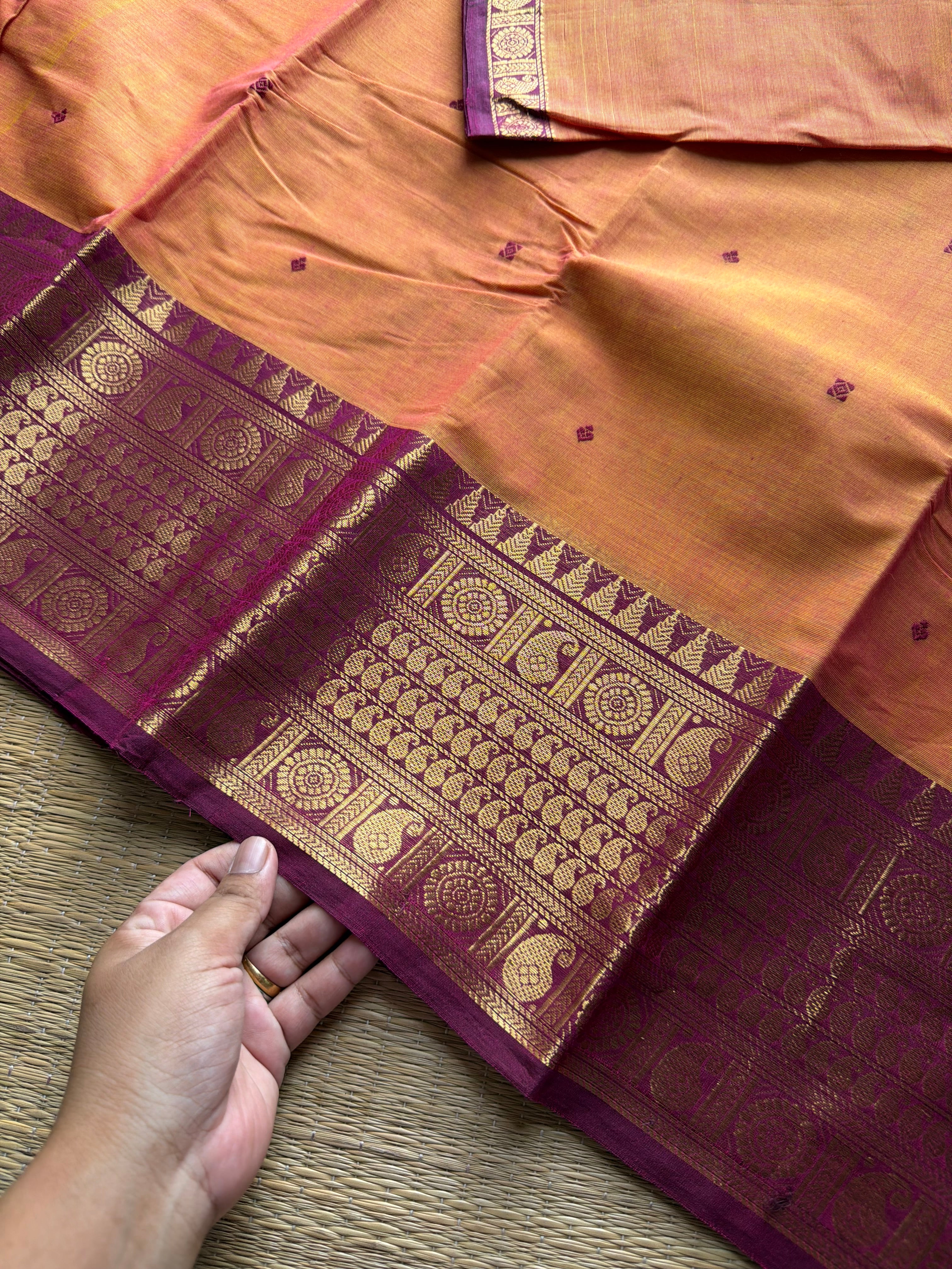 RF1009 Dual tone mango shade ~ Kanchi cotton saree with handmade thread buttas