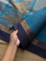 RF1113 Negamam Pure Cotton Saree ~ Blue with navy blue