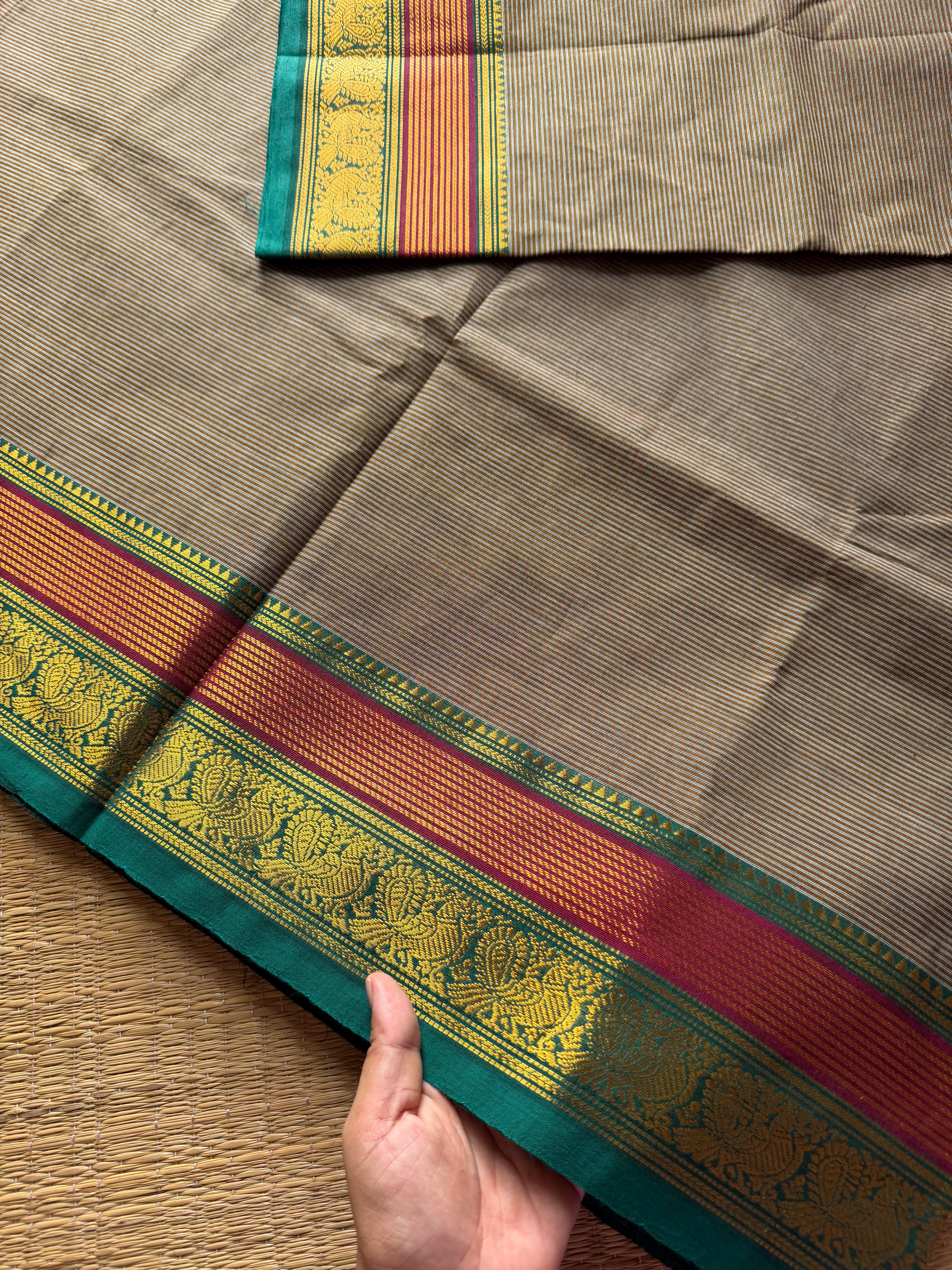 RF473 Grey Kanchi cotton saree with horizontal small stripped pattern and unique multi color peacock pattern Zari border