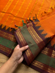 RF540 Dual tone orange shade Kanchi cotton saree with contrast Thazhampoo pattern gap border