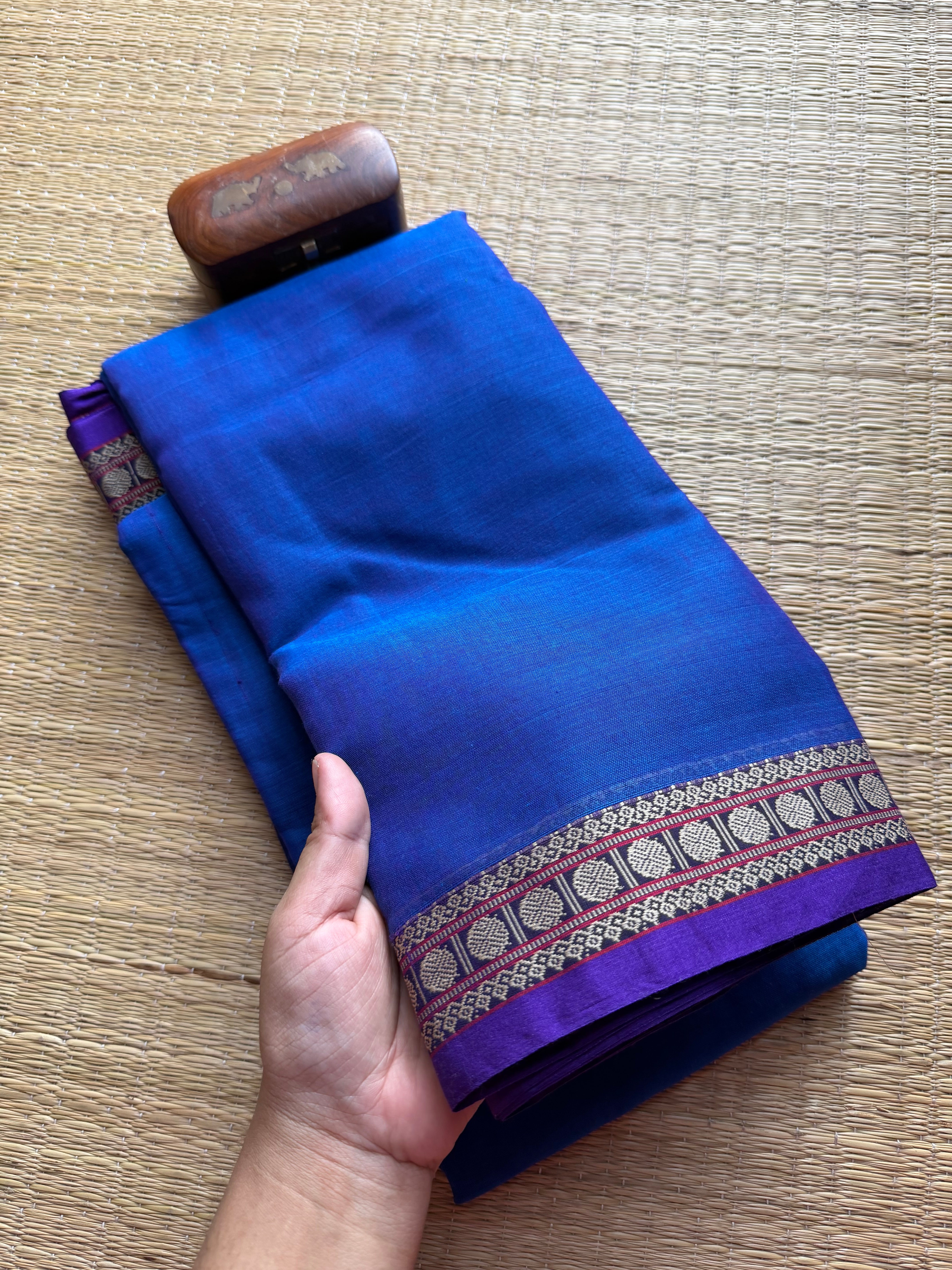 Peacock Blue Shade Mercerised Narayanpet Cotton Saree With Small Border