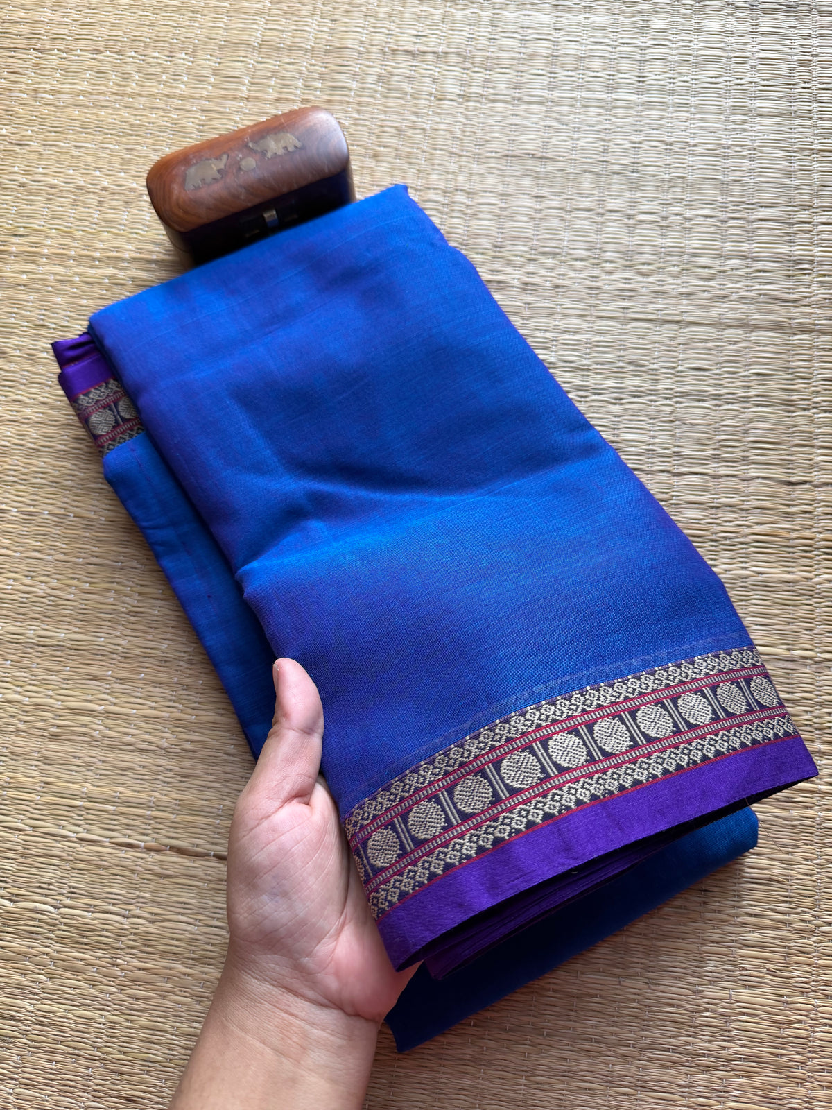 Peacock Blue Shade Mercerised Narayanpet Cotton Saree With Small Border