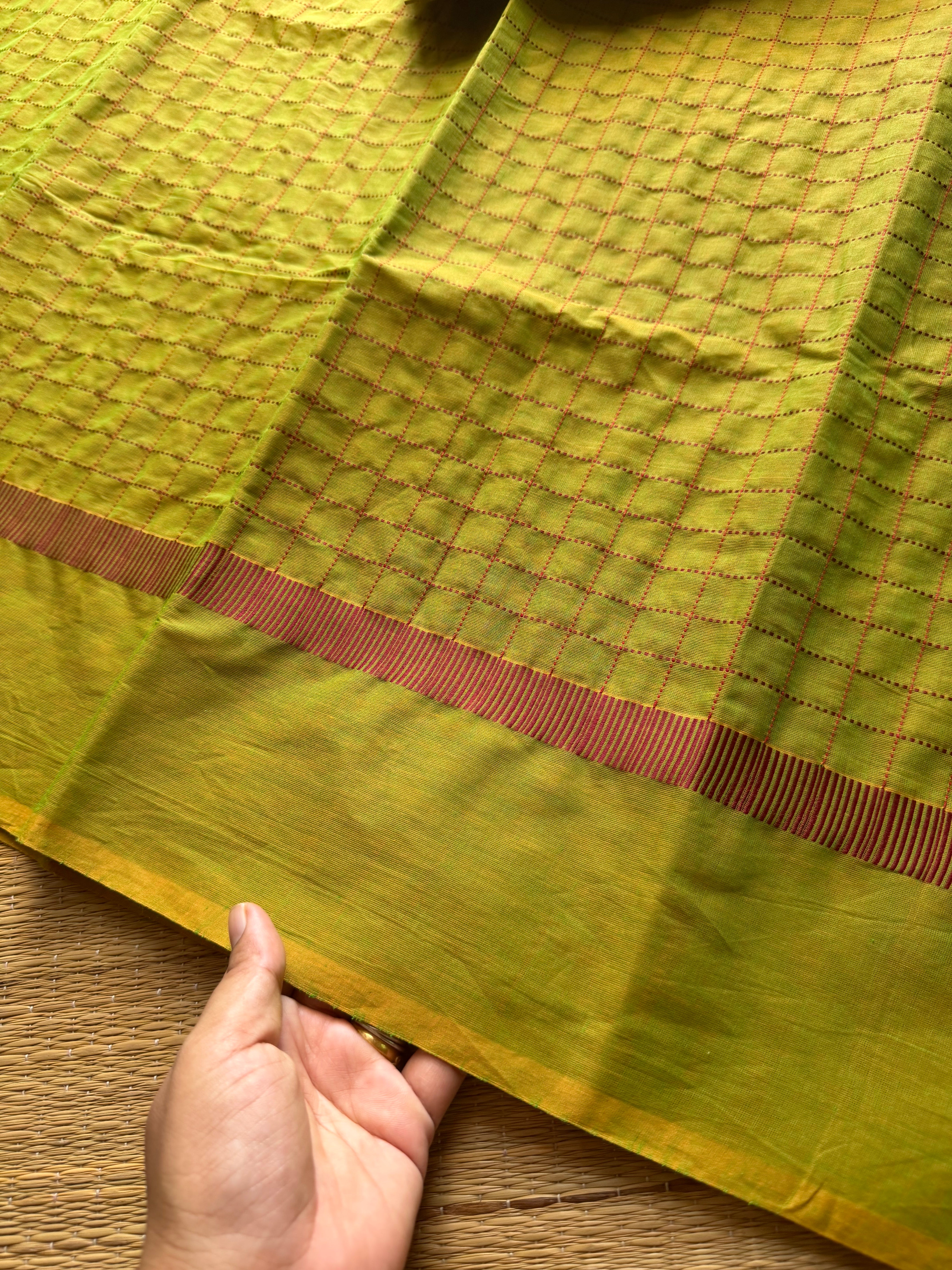 RF651 Methi green shade Kanchi cotton saree with checks / kattam pattern