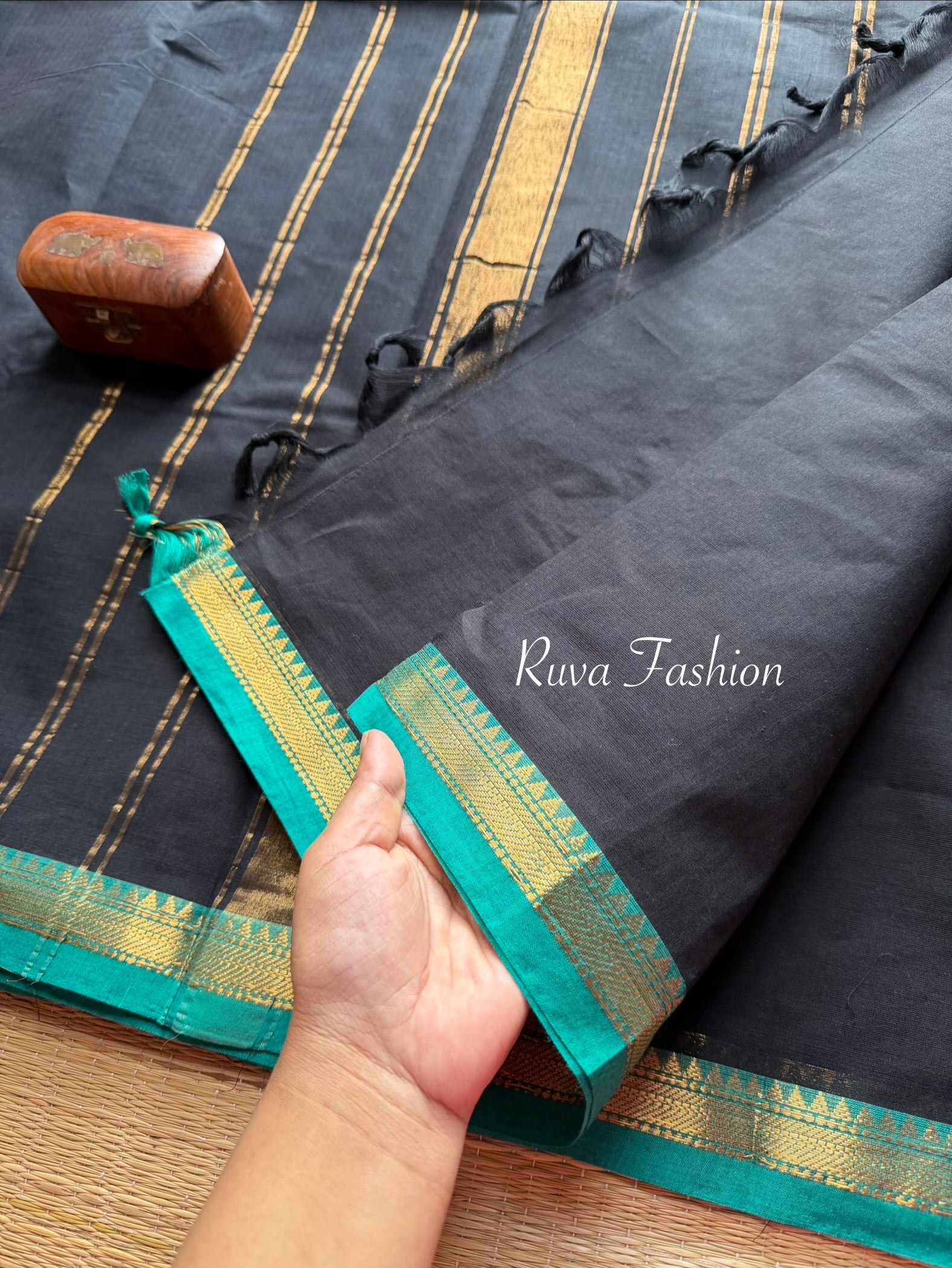 RF84 Black with blue combination small zari border Kanchi cotton saree