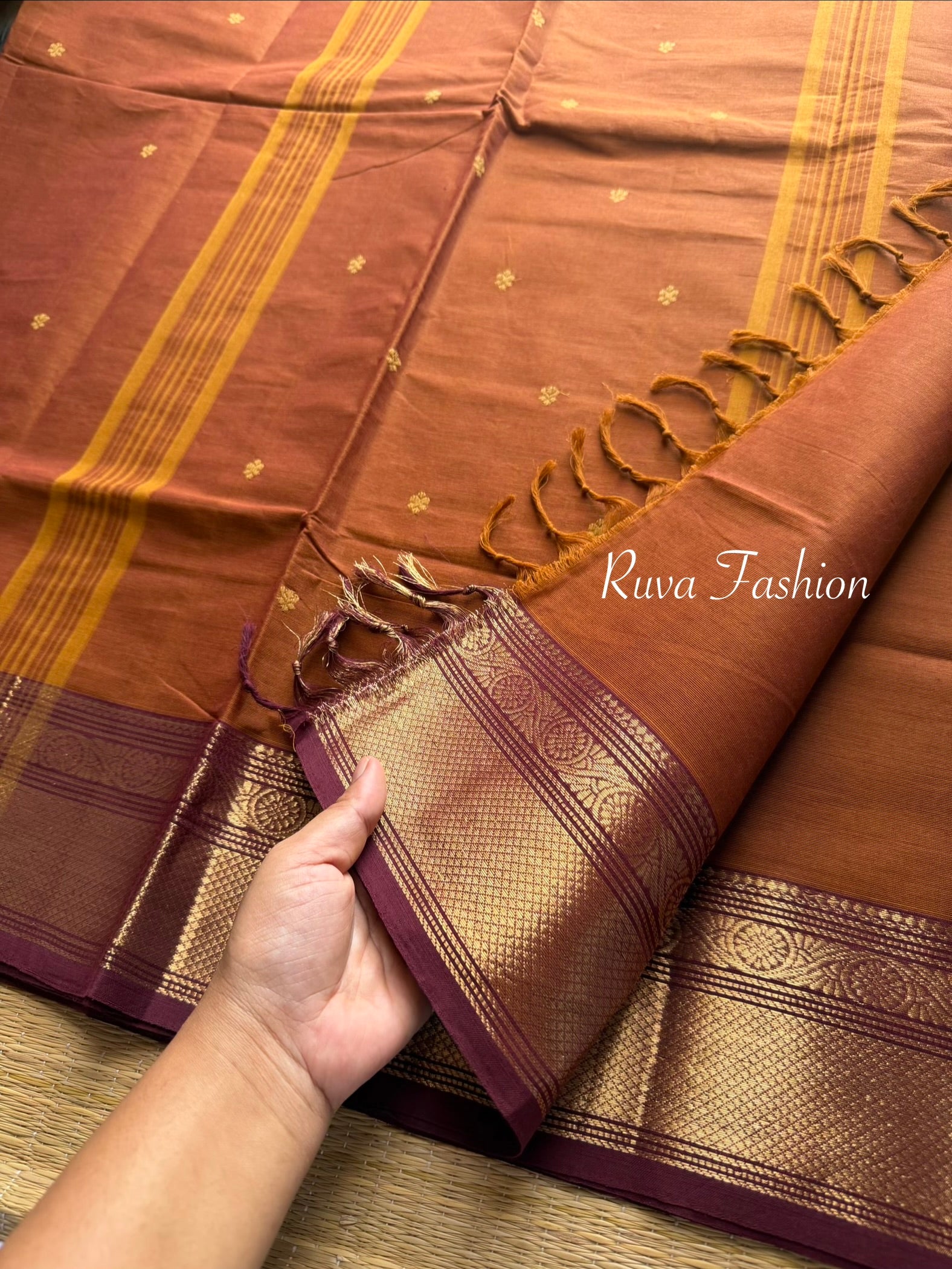 Dark Honey Shade With Brown border combination Kanchi cotton saree with handmade thread buttas