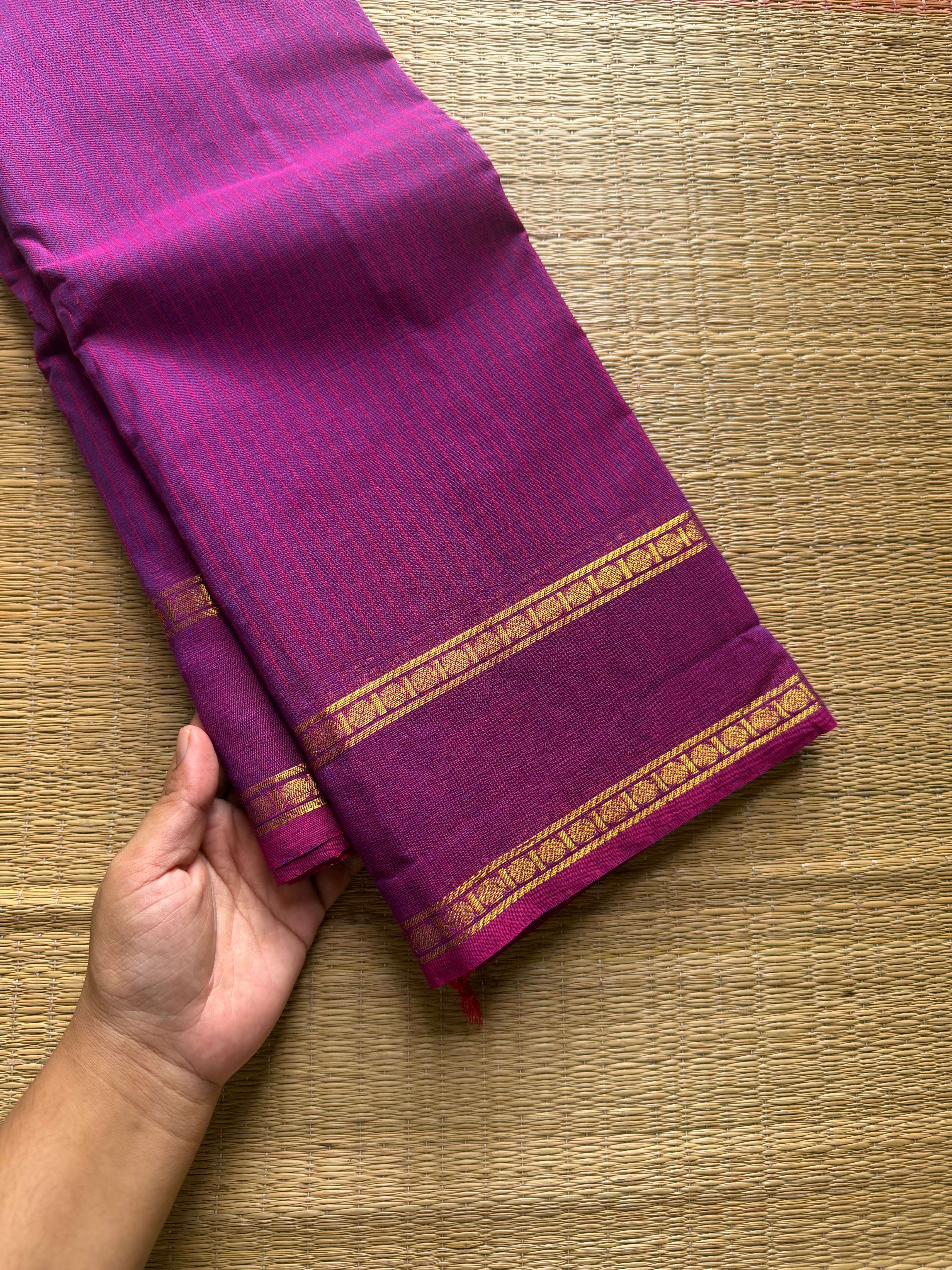 RF743 Monotone magenta pink shade Kanchi cotton saree with Korvai Vaira Oosi thread vertical lines pattern with vintage Rettapet border