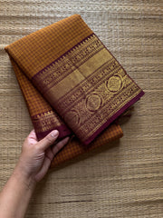 RF1297 Kattam Edition ~ Dual shade Mustard with brown combination Kanchi cotton saree with checks pattern