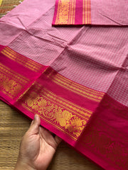 RF543 Pastel pink with contrast dark pink combination checks / kattam pattern Kanchi cotton saree unique  with floral pattern contrast zari border