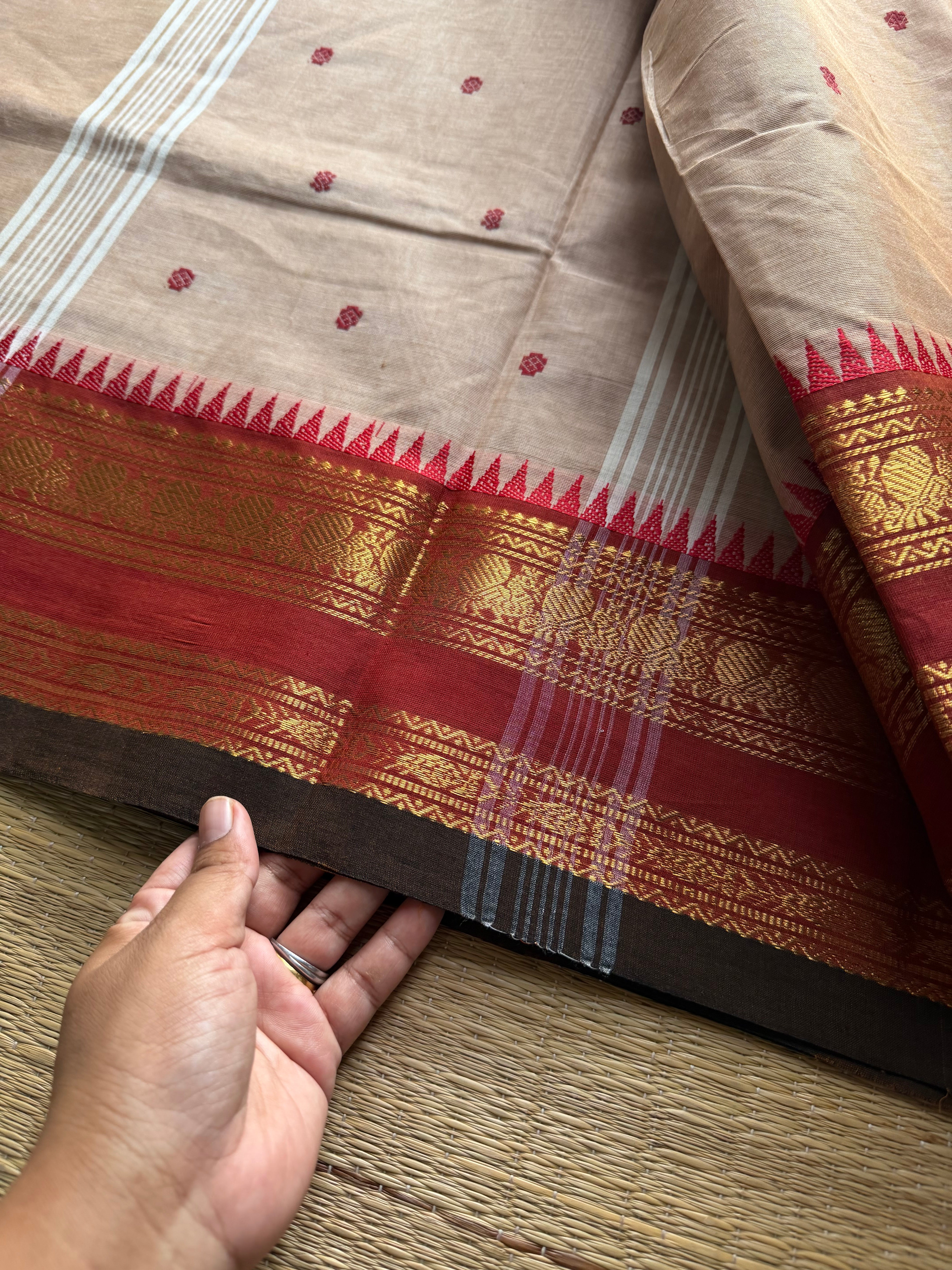 RF862 Beige shade Kanchi cotton saree with handmade thread buttas