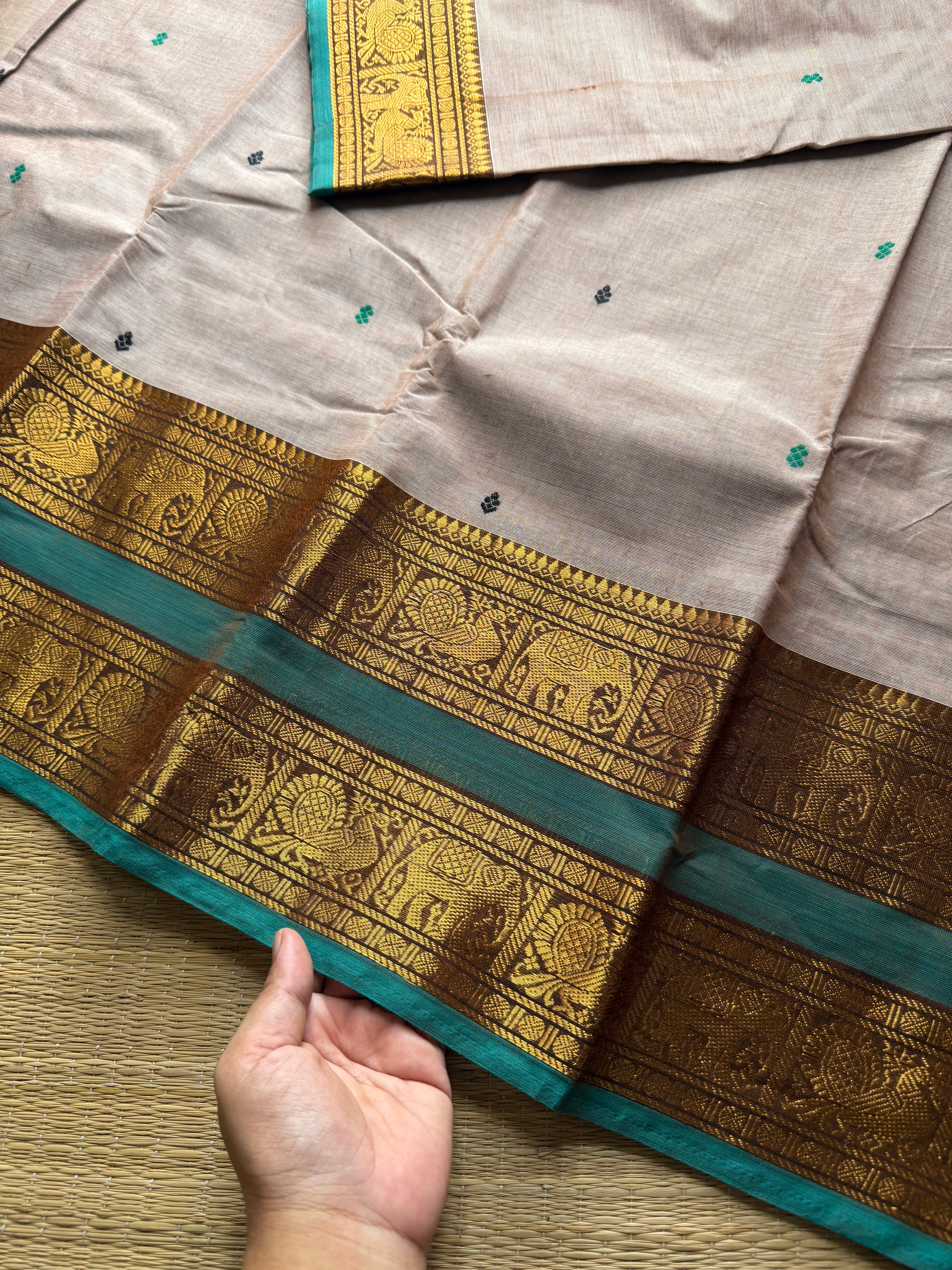 RF412 Dual tone cream shade with green combination Kanchi cotton saree with handmade thread buttas
