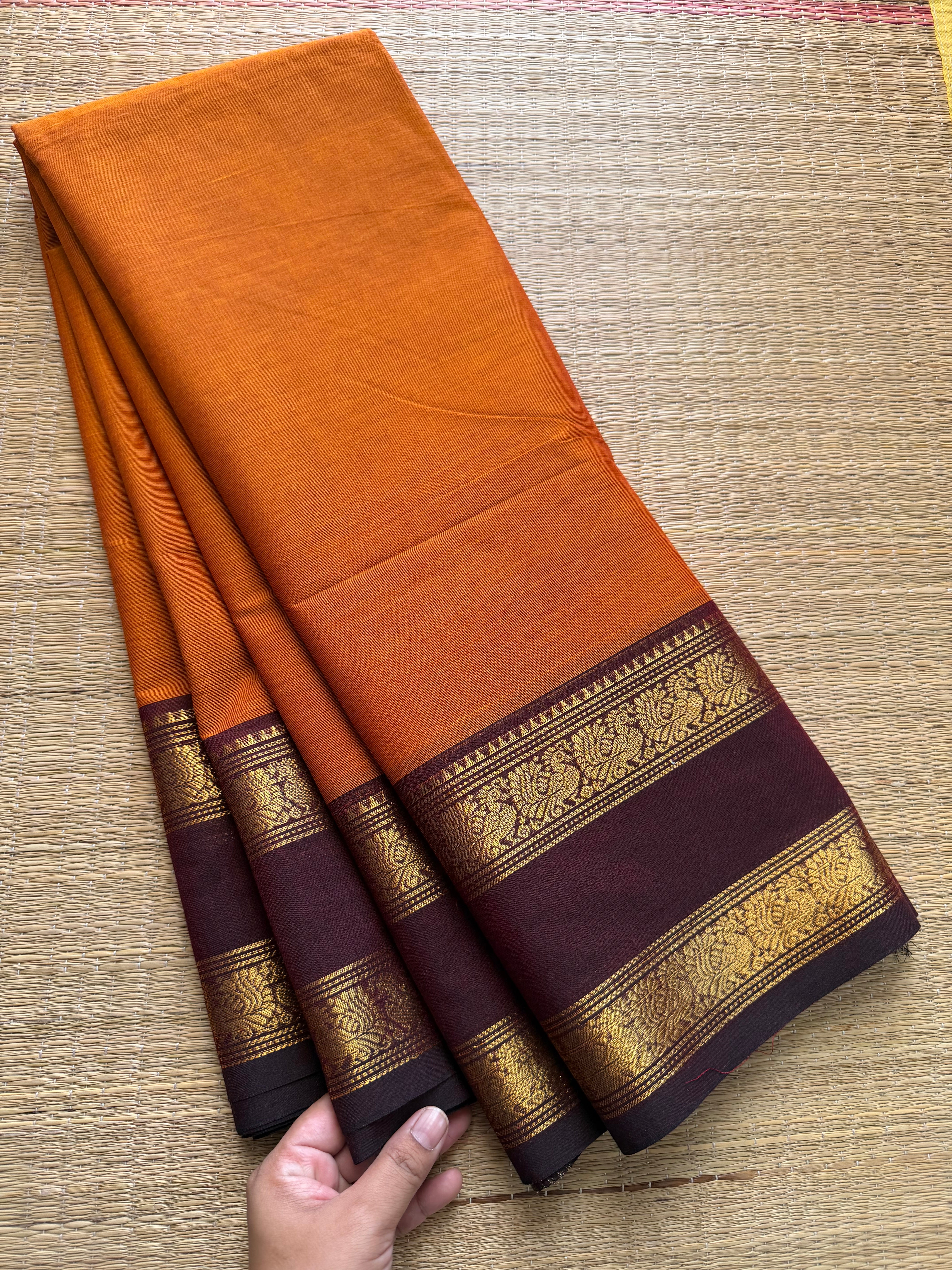 RF244 Orange with brown combination silk saree inspired Kanchi cotton Rettapet border saree with Annam pattern