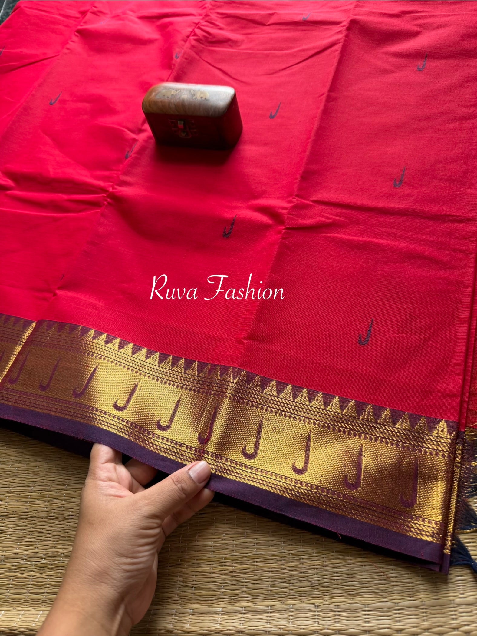 RF49 Reddish Maroon with dark purple shade paithani border Kanchi cotton saree with handmade thread buttas