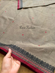 RF128 Grey Shade Kanchi Cotton Saree With small contrast thread border &  handmade thread butts