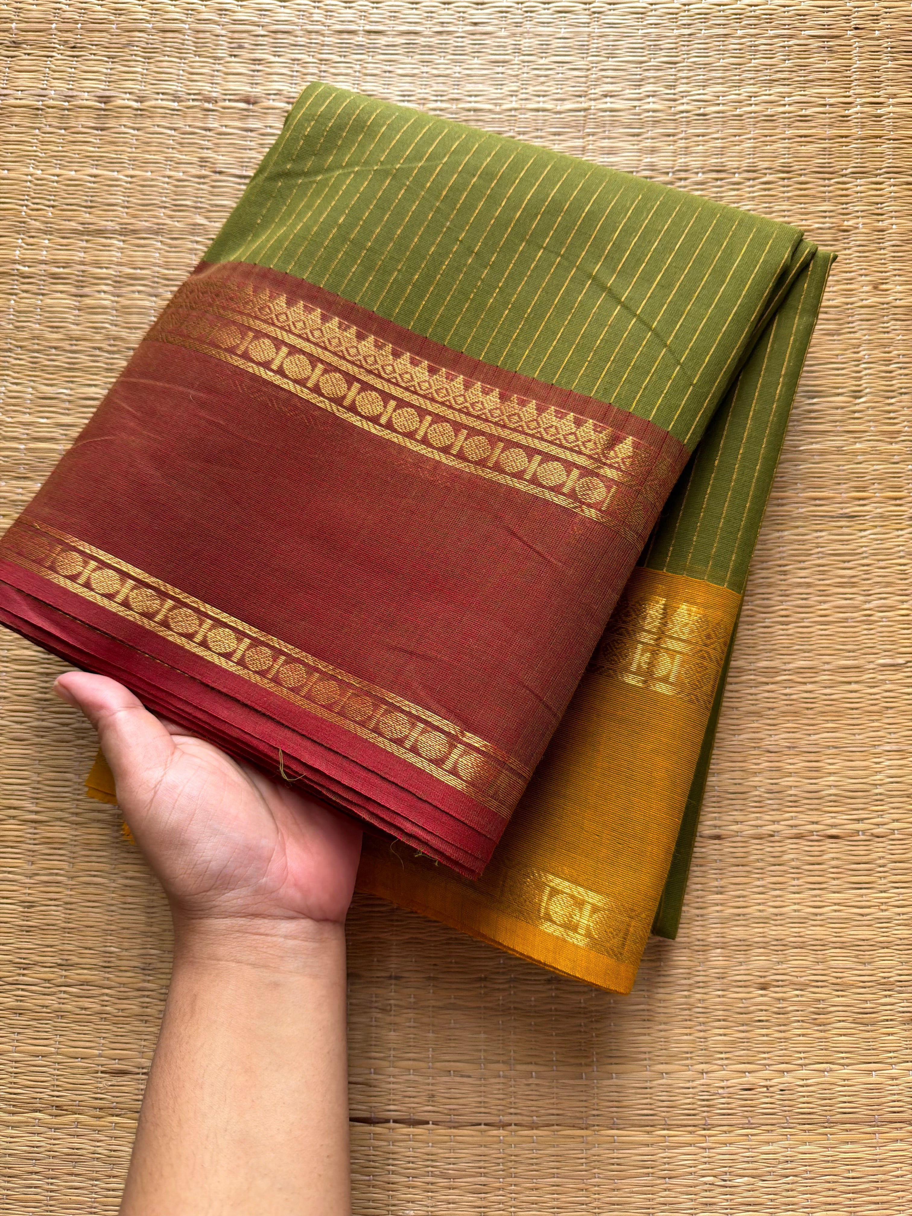 RF625 Pastel Methi Green shade Ganga Jamuna border Kanchi cotton saree with fully golden Vaira Oosi pattern