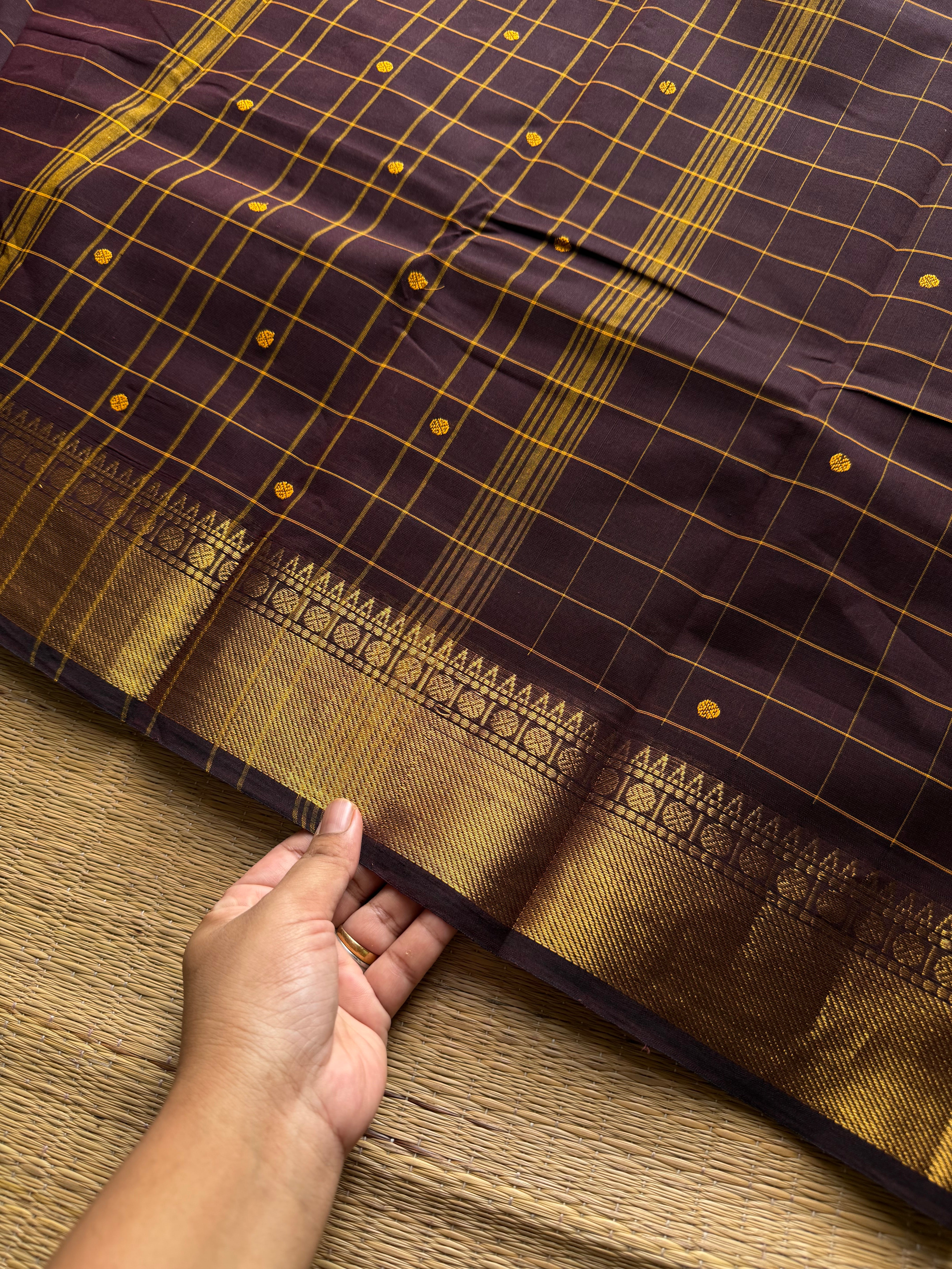RF1036 Monotone Deep Coffee Brown ~ Kanchi Cotton Kattam / Checks pattern saree with handmade thread buttas