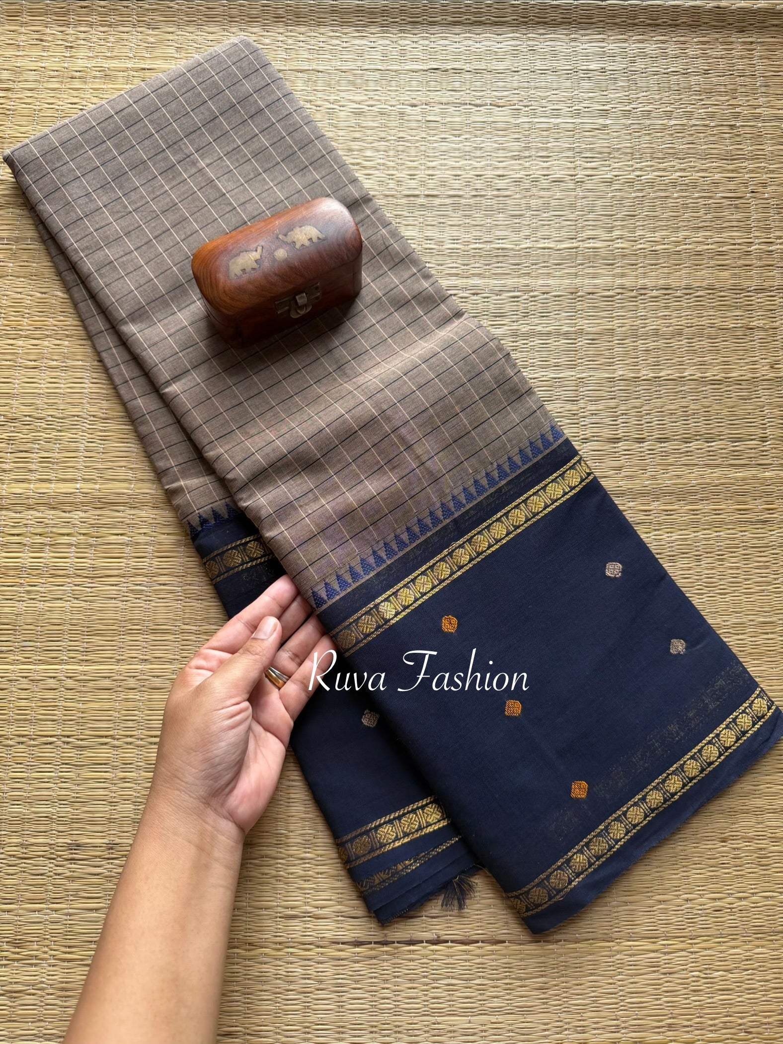 RF30 Grey with Navy Blue Vintage Style Border with checks pattern & handwoven Buttas on the border - RF30