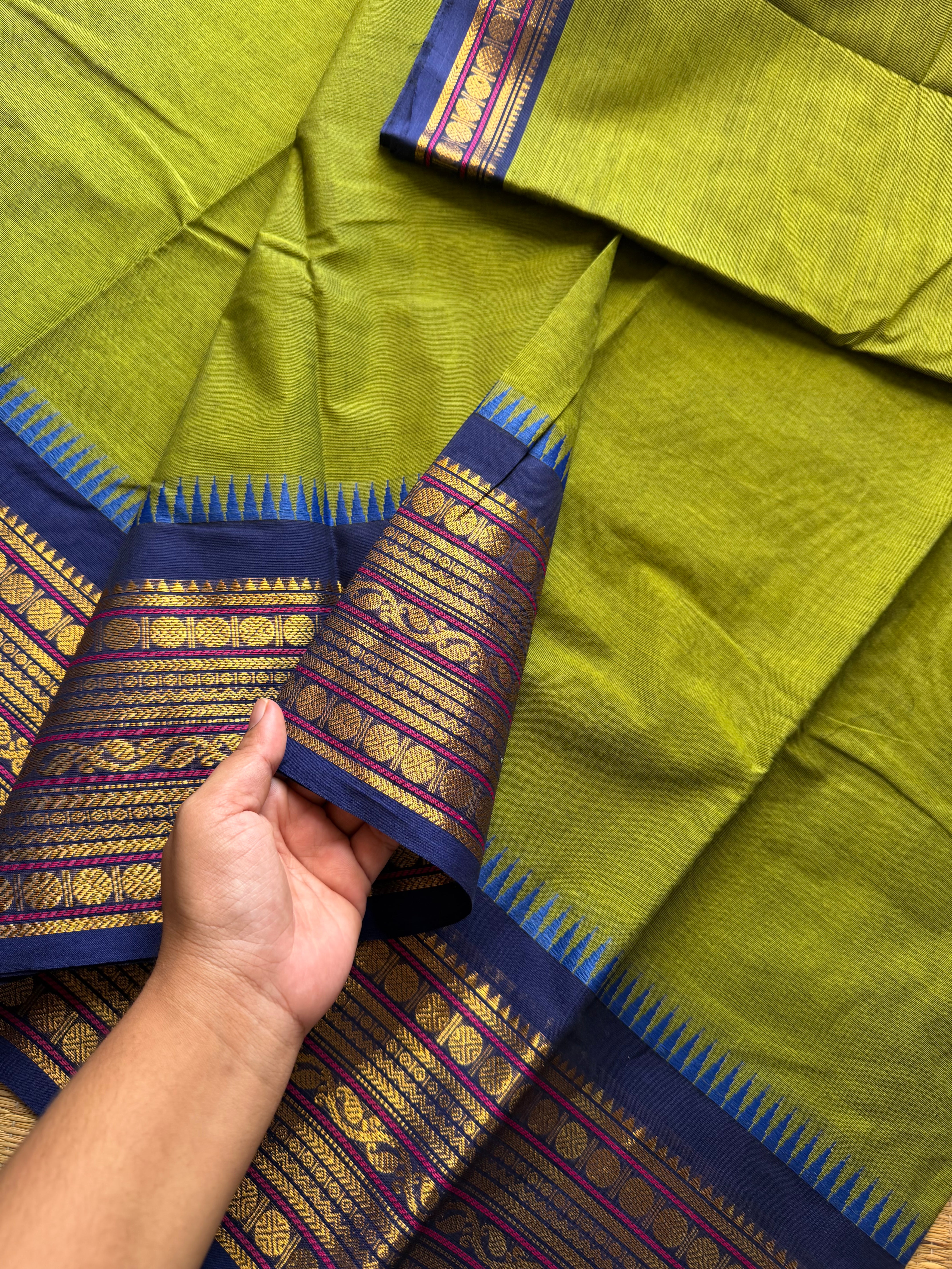 RF353 Green with contrast royal blue combination Kanchi cotton saree