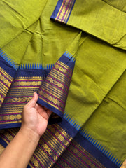 RF353 Green with contrast royal blue combination Kanchi cotton saree