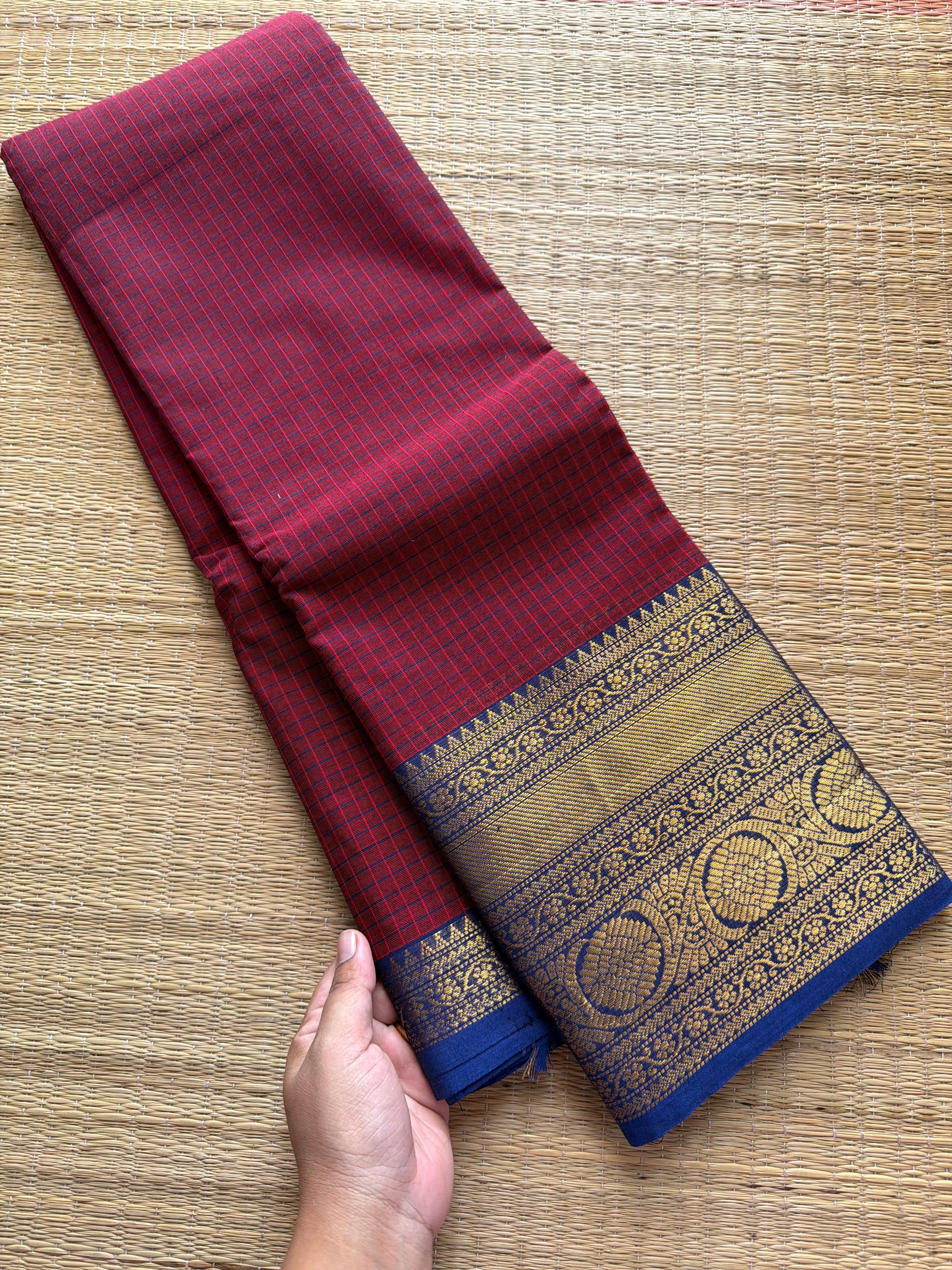 Magenta pink with royal blue combination checks / Kattam pattern Kanchi cotton saree