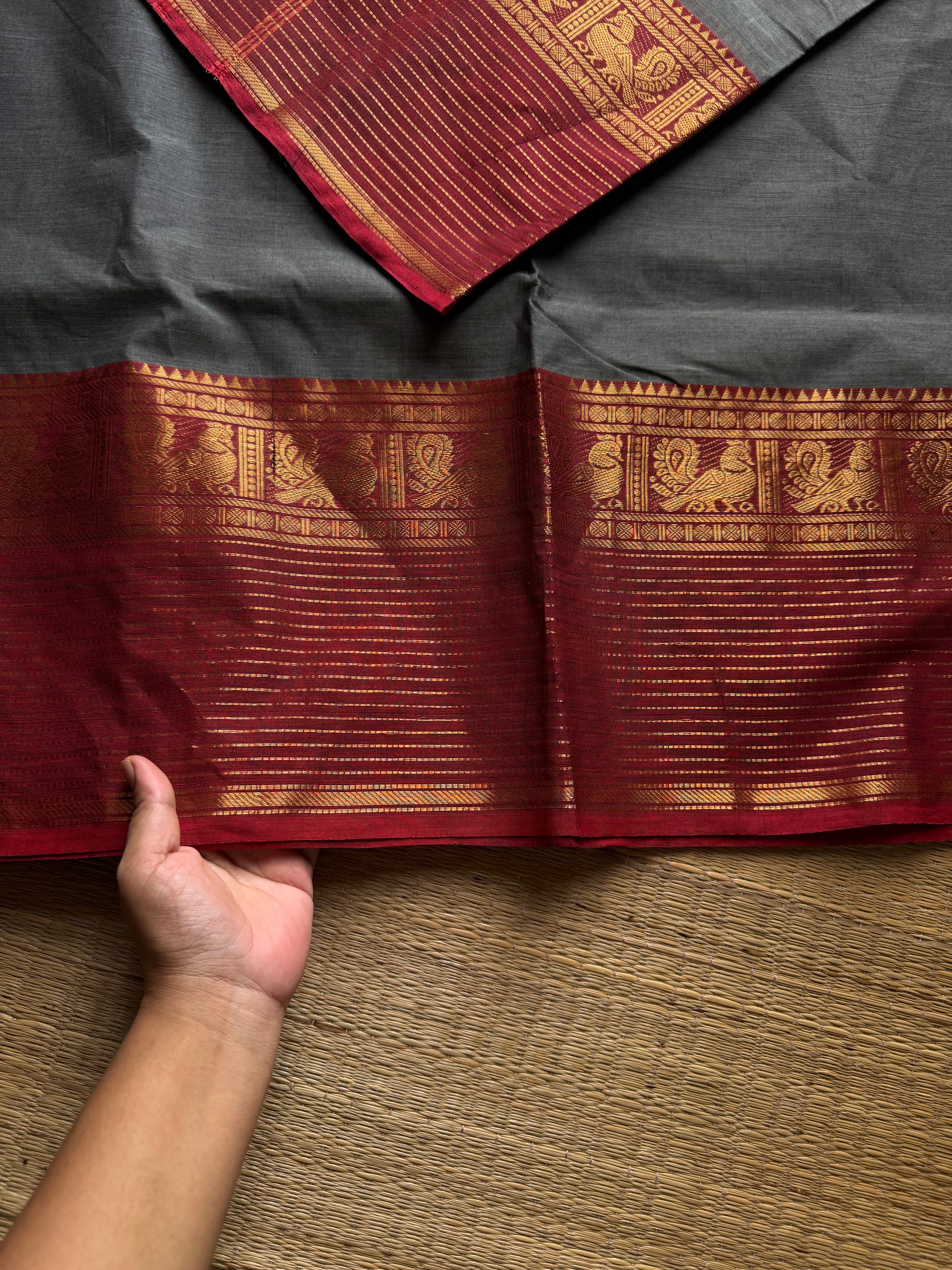 RF1165 Grey with Reddish Maroon / long border Kanchi cotton saree ~ Silk Saree Inspired