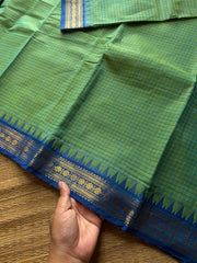 Vintage Podi Kattam ~ Dual tone Apple green shade with royal blue combination small checks Kanchi cotton saree