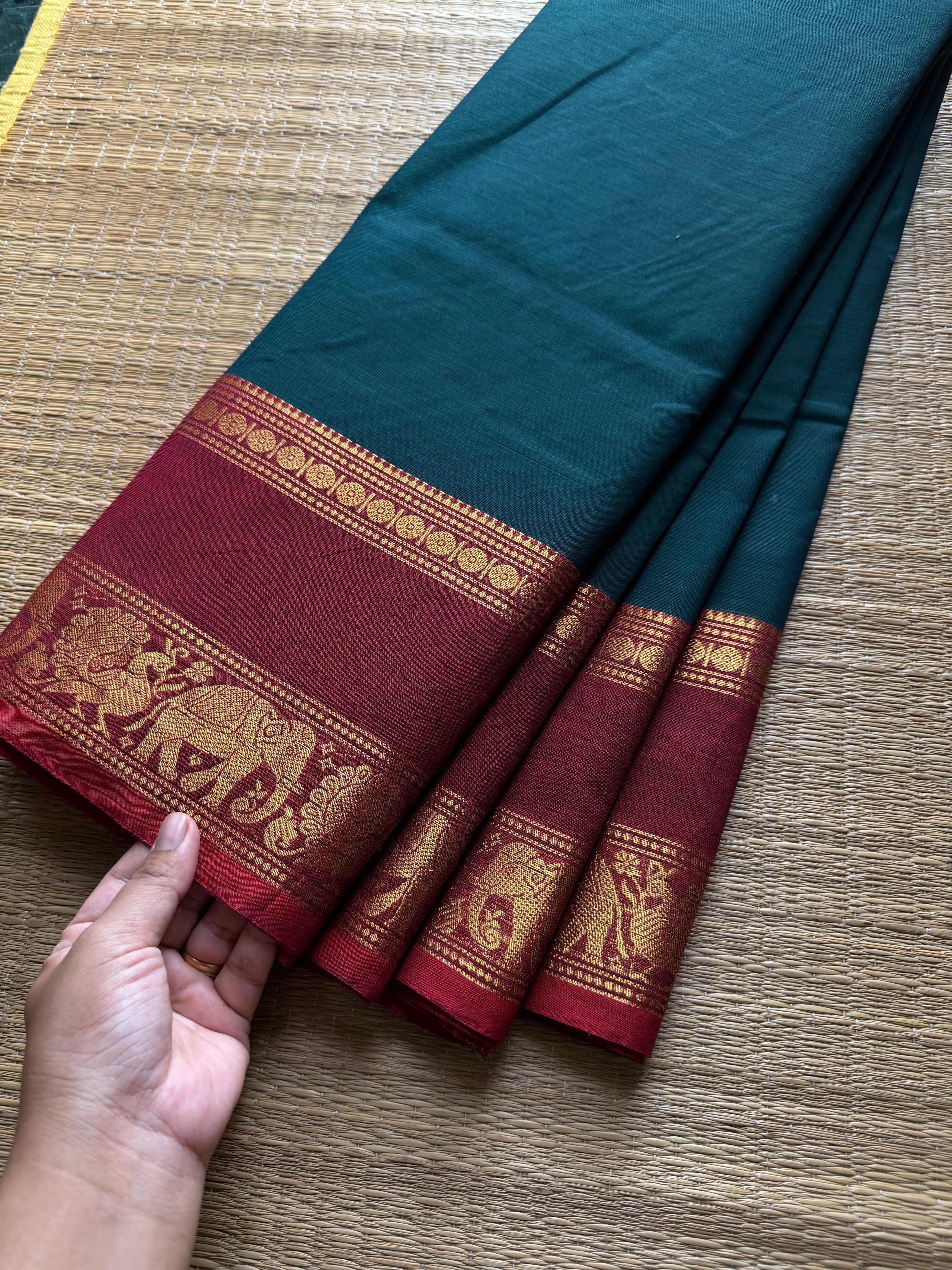 RF518 Dark Teal Green With Maroon Combination Silk Saree Inspired Kanchi Cotton Saree with Annam and elephant pattern
