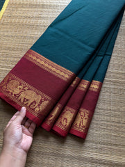 RF518 Dark Teal Green With Maroon Combination Silk Saree Inspired Kanchi Cotton Saree with Annam and elephant pattern