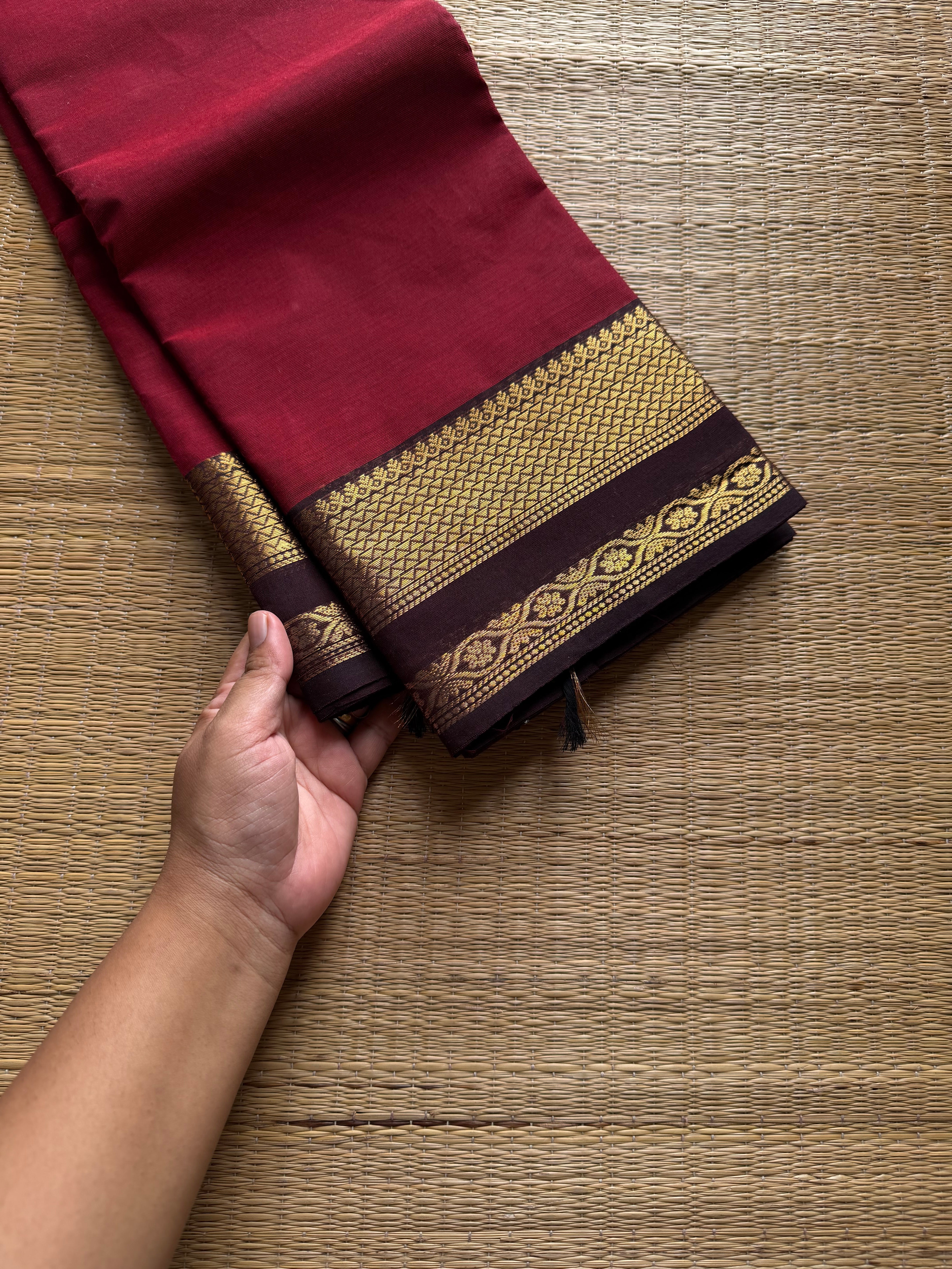 RF925 Reddish maroon with brown combination Kanchi cotton saree with unique border