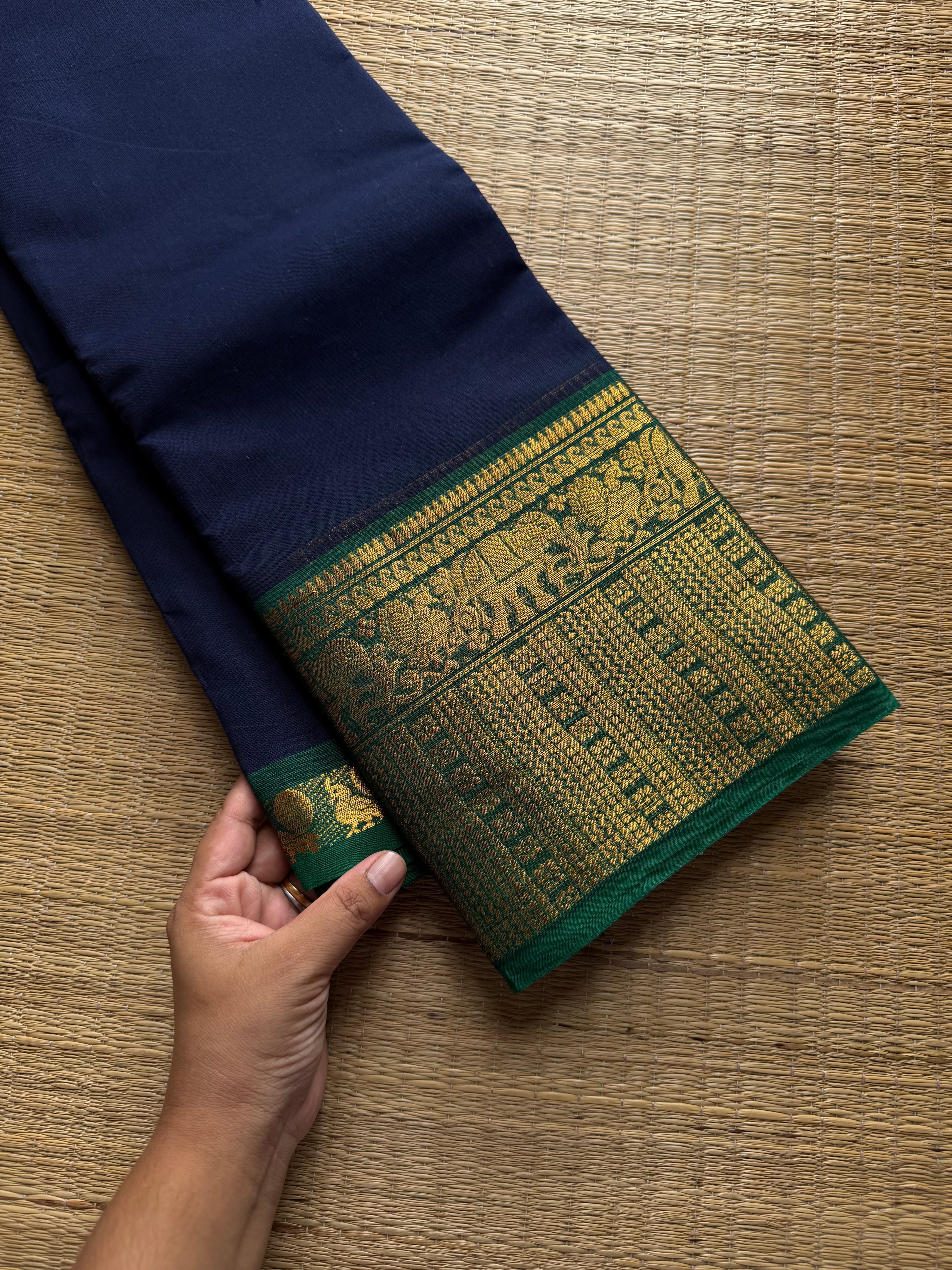 RF760 Navy blue with green combination Kanchi cotton saree with elephant & Annam pattern