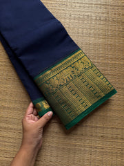 RF760 Navy blue with green combination Kanchi cotton saree with elephant & Annam pattern