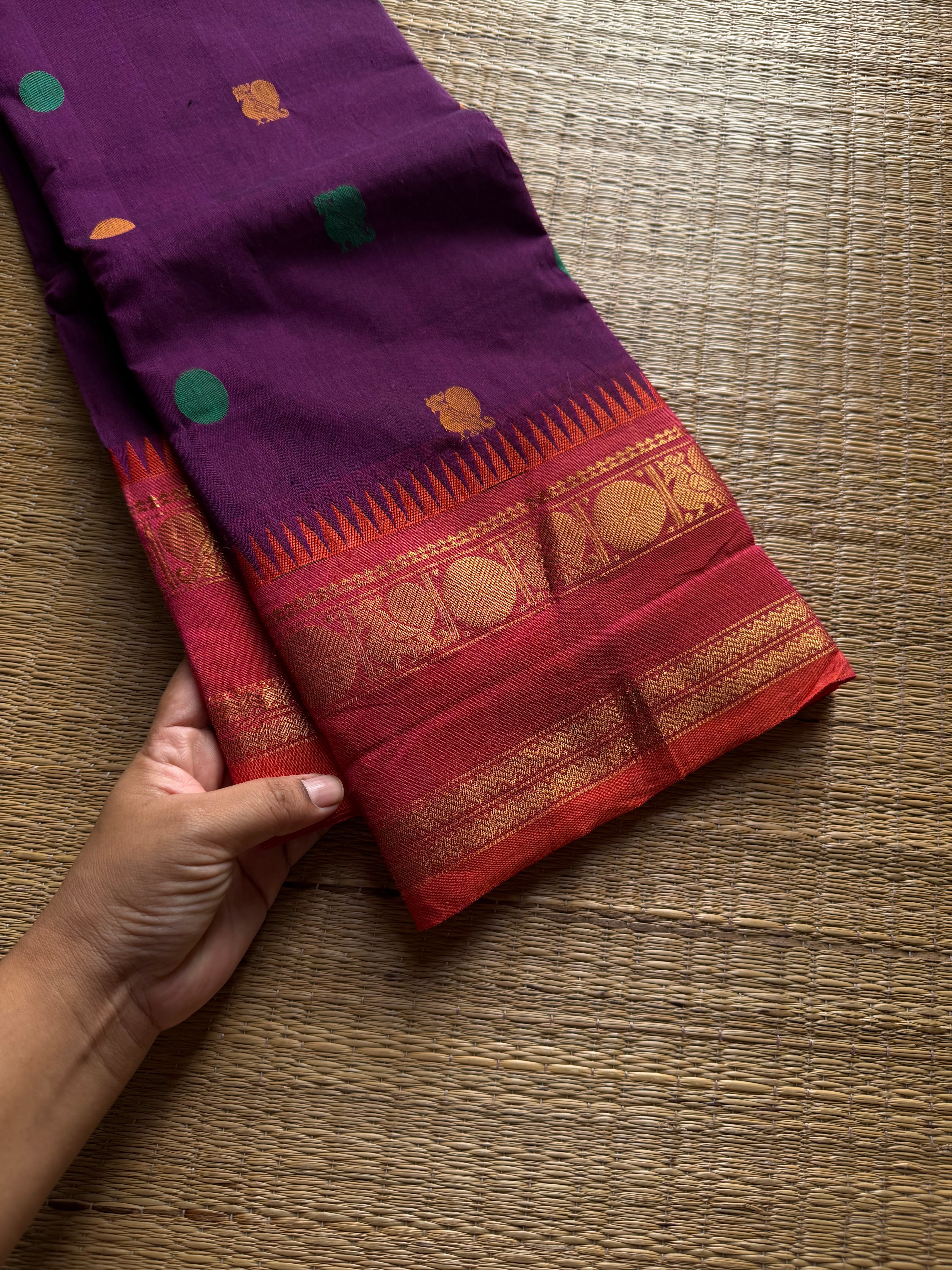 RF1393 Purple ~ Premium Rich Pallu Kanchi cotton saree with Annam pattern gap border
