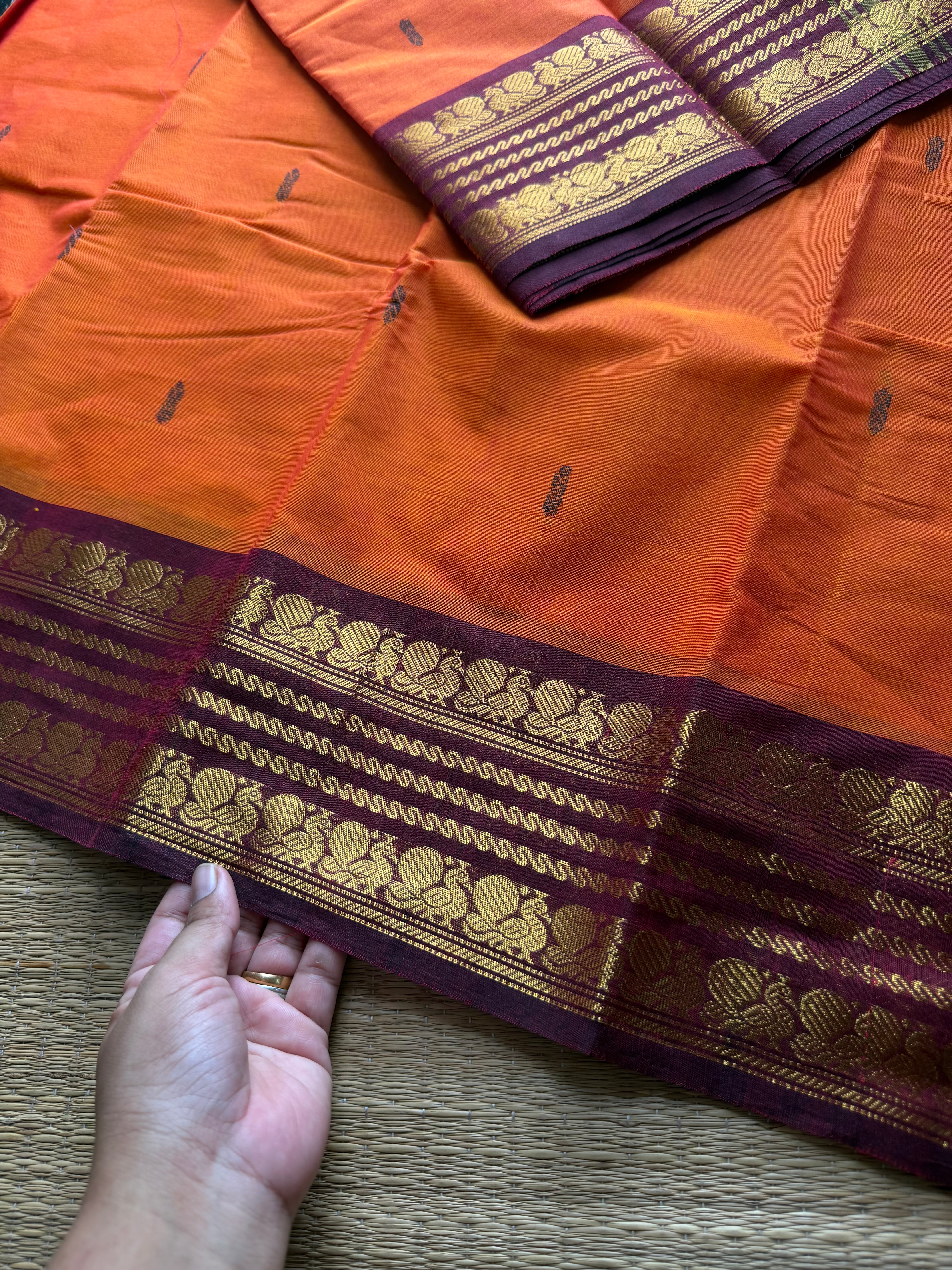 RF550 Orange with maroon Kanchi cotton saree with handmade thread buttas