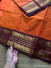 RF550 Orange with maroon Kanchi cotton saree with handmade thread buttas