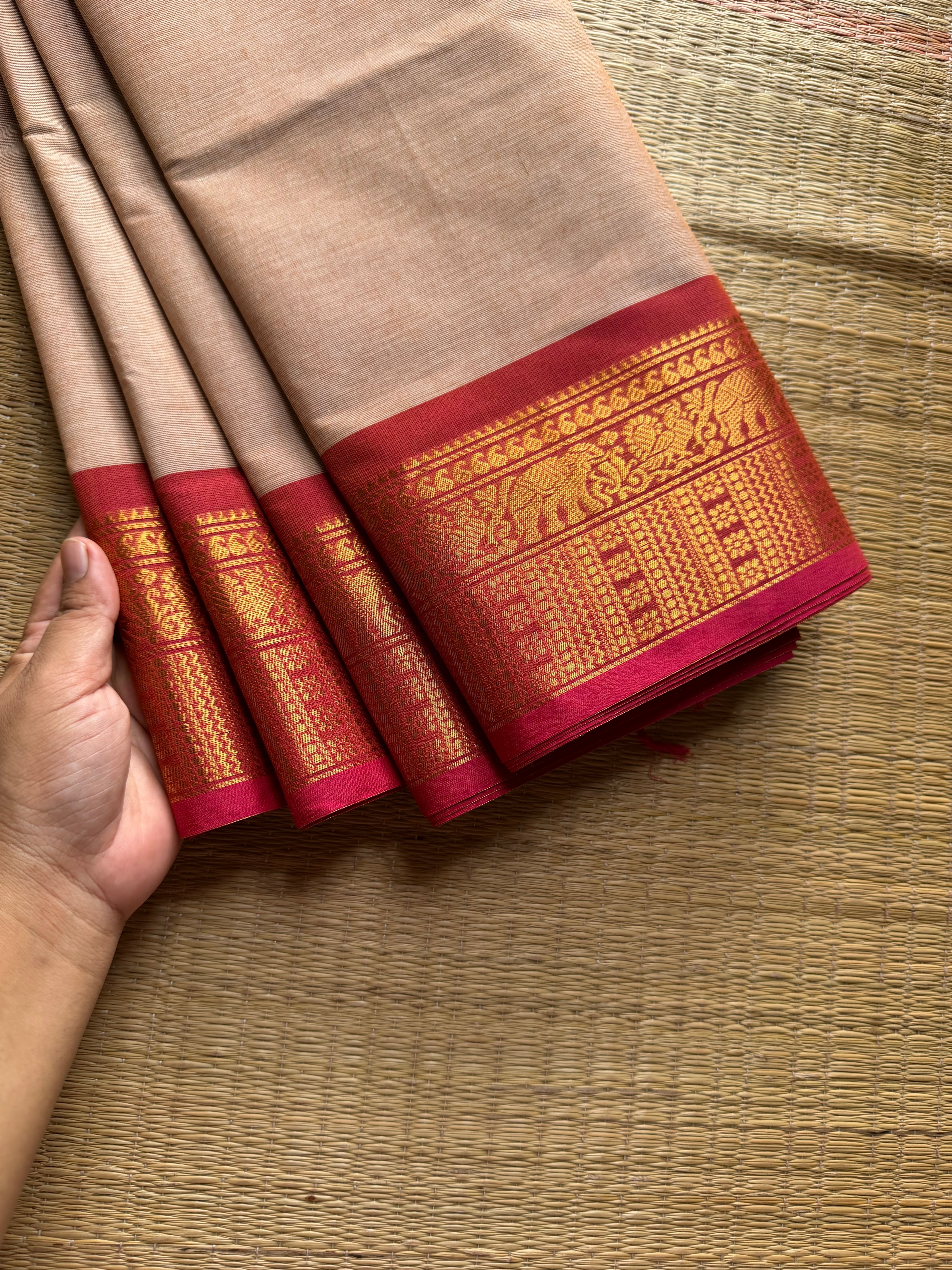 RF1188 Beige with pink combination Kanchi cotton saree ~ Silk saree inspired