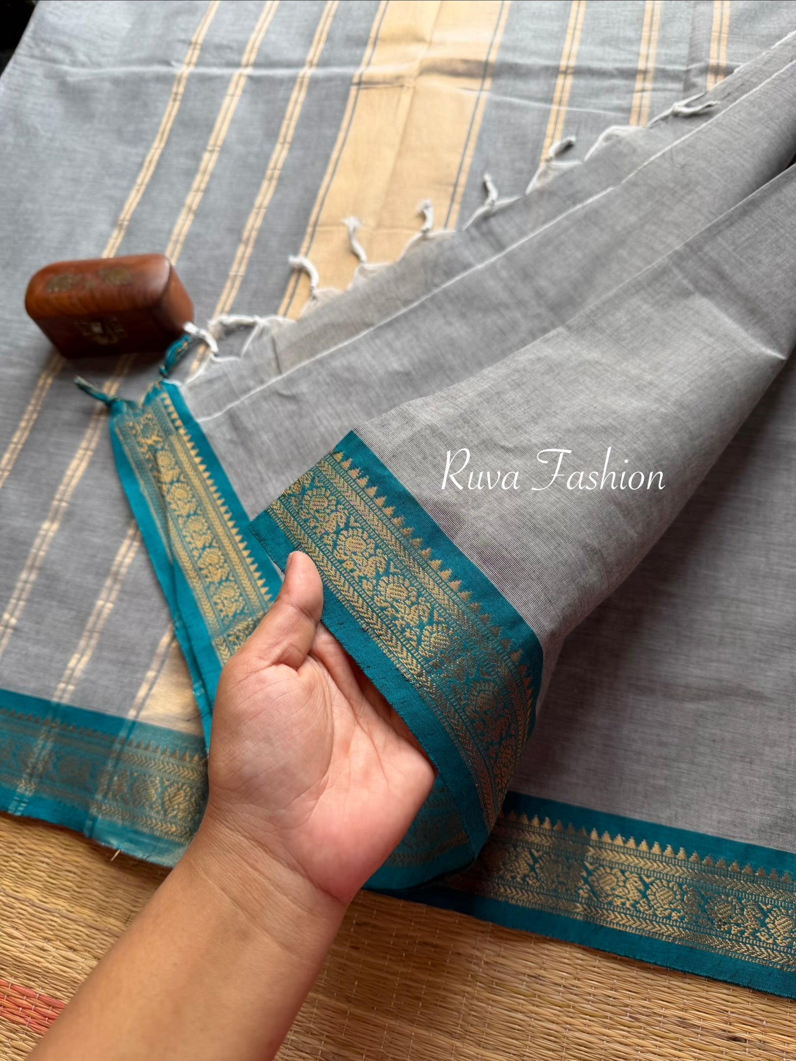 RF69 Grey with sky blue combination small Zari border Kanchi cotton saree