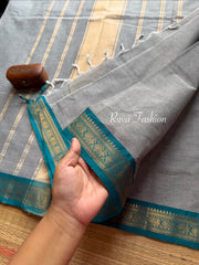 RF69 Grey with sky blue combination small Zari border Kanchi cotton saree