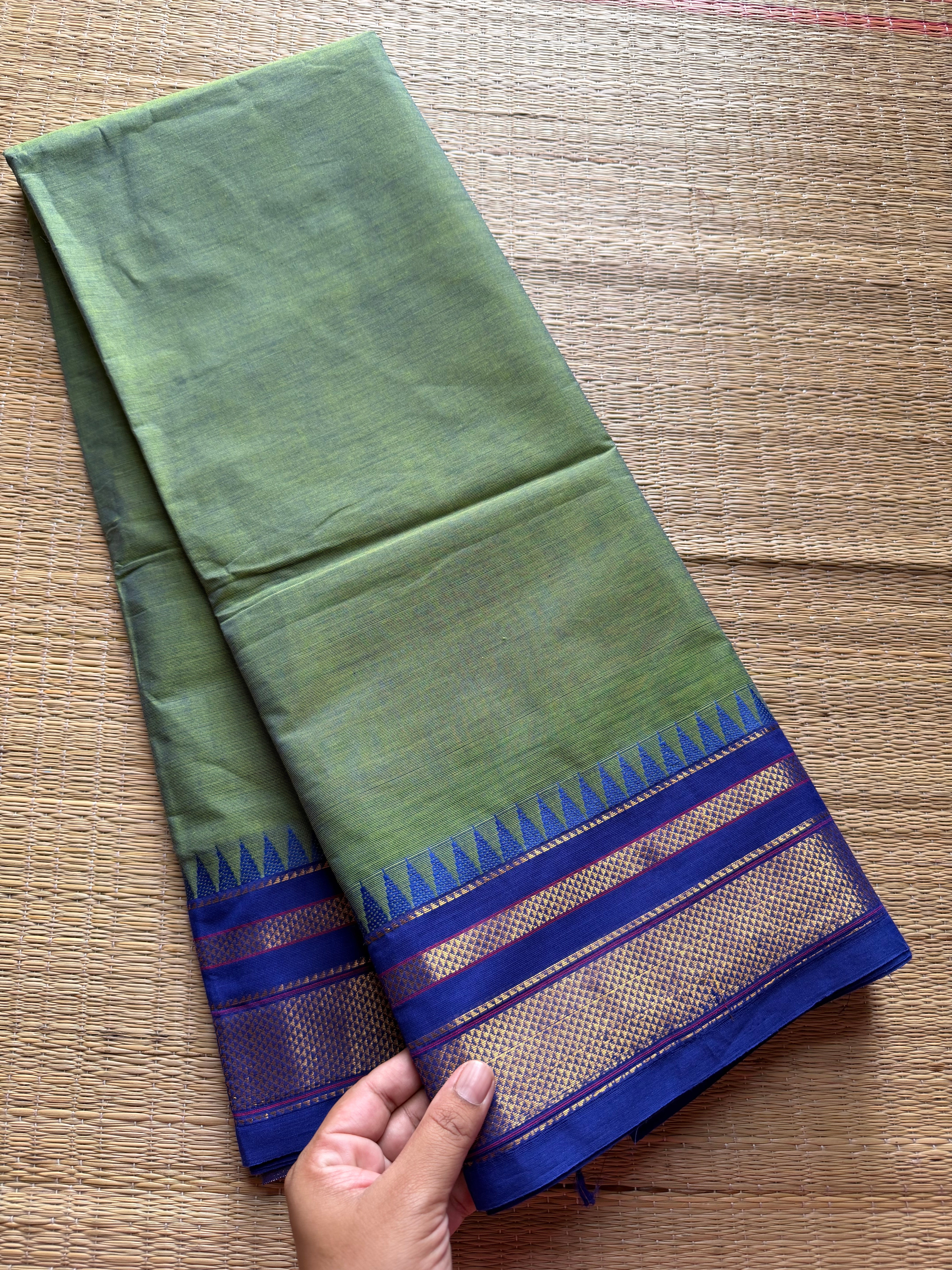 RF186 Green with contrast blue shade medium size border Kanchi cotton saree