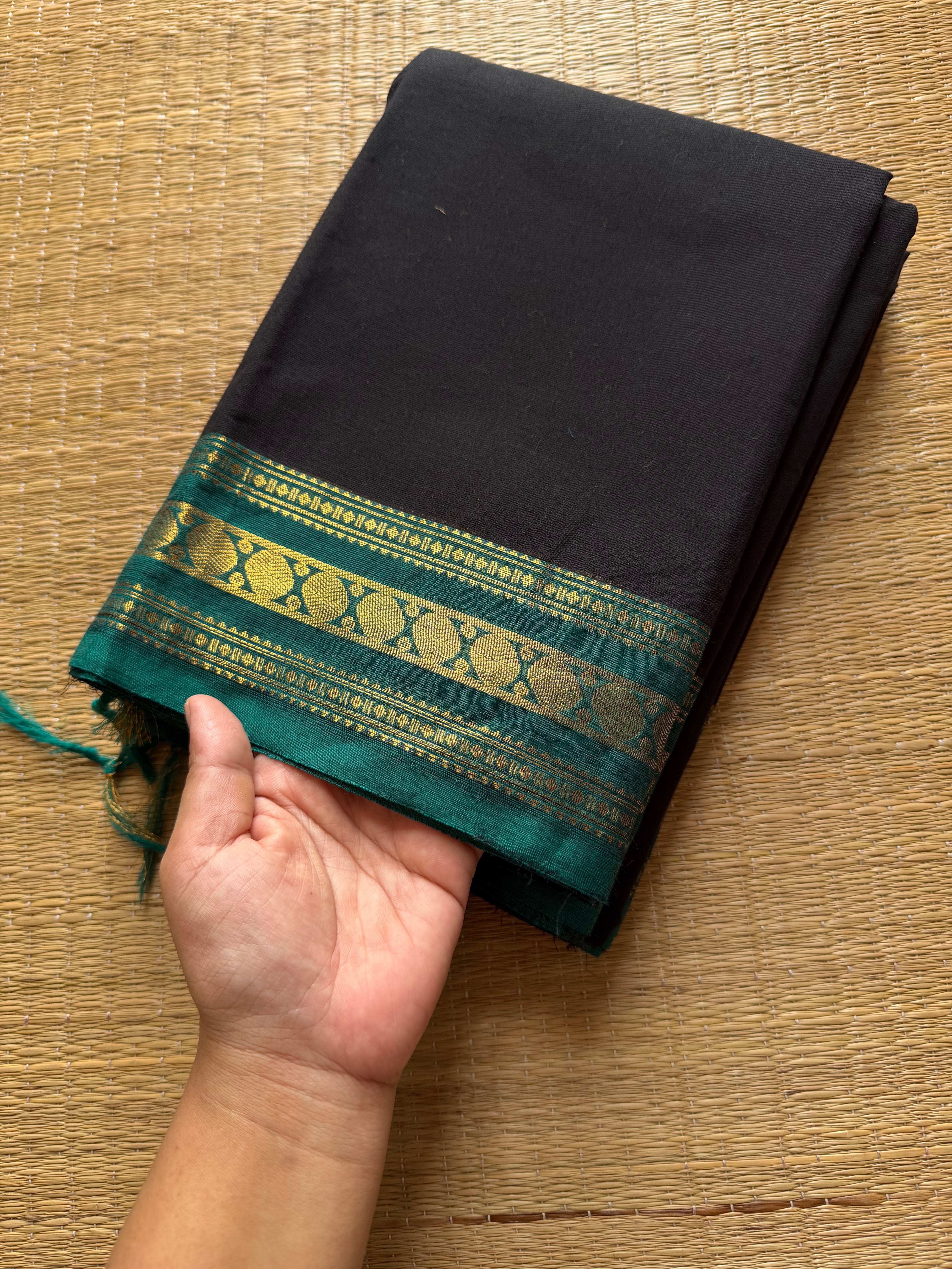 RF444 Black with teal blue combination small border Kanchi cotton saree