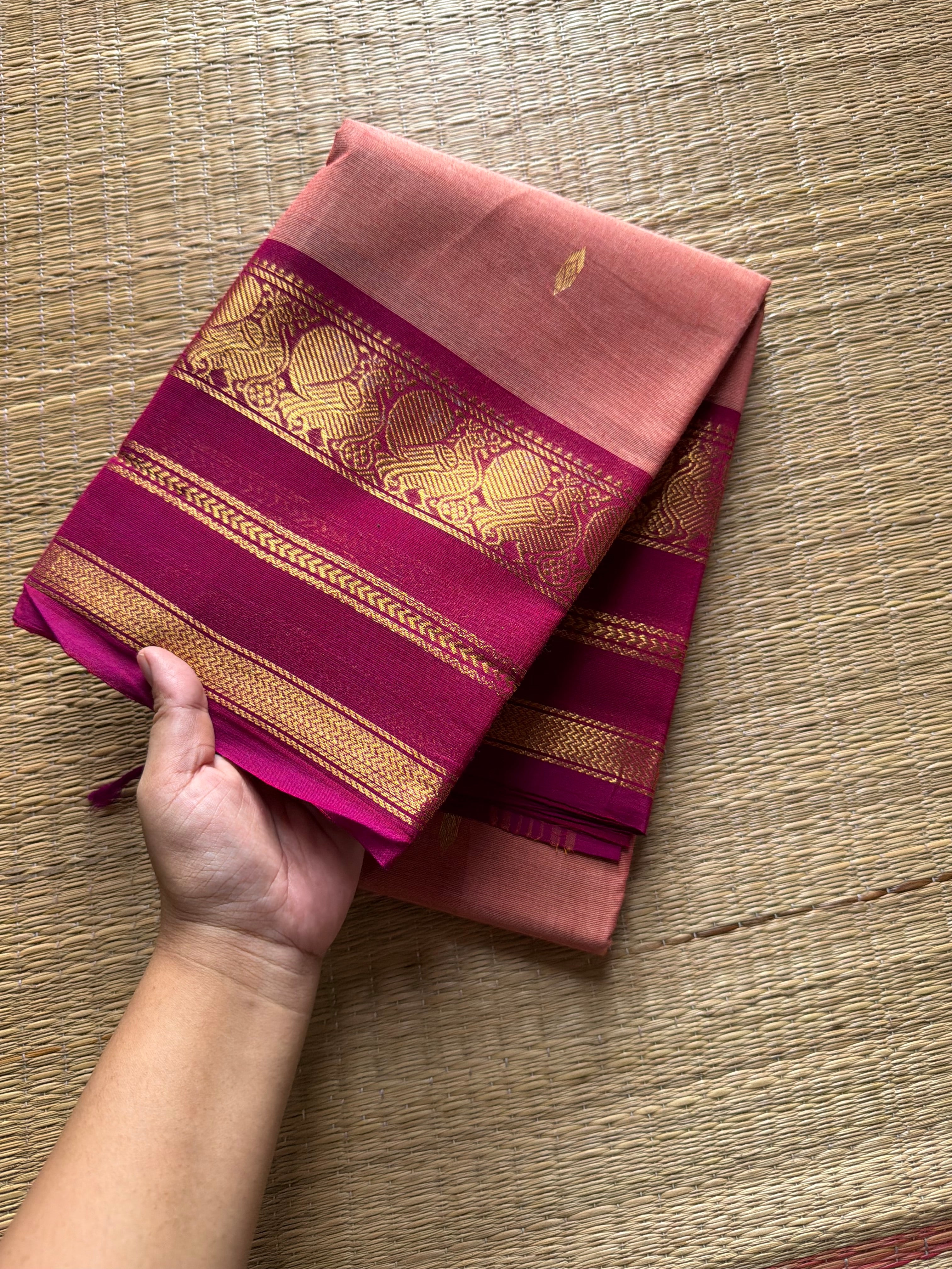RF420 Light baby pink with dark pink combination Kanchi cotton saree with handmade Buttas