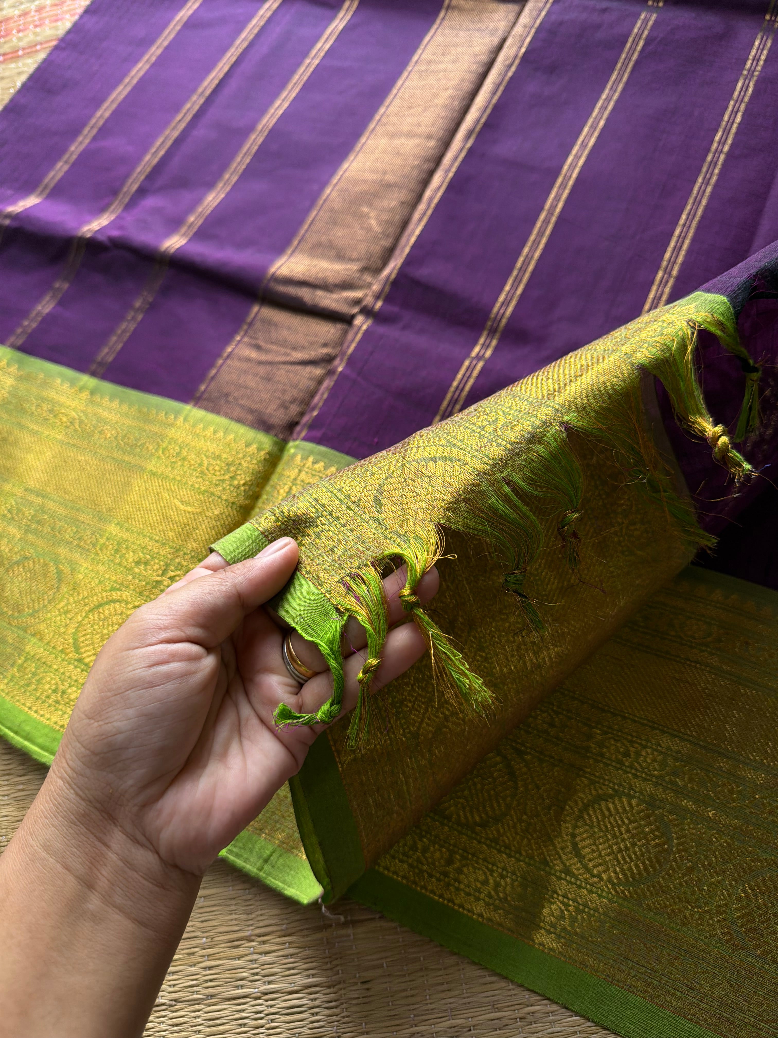 RF725 Purple shade kanchi cotton saree with checks / Kattam pattern