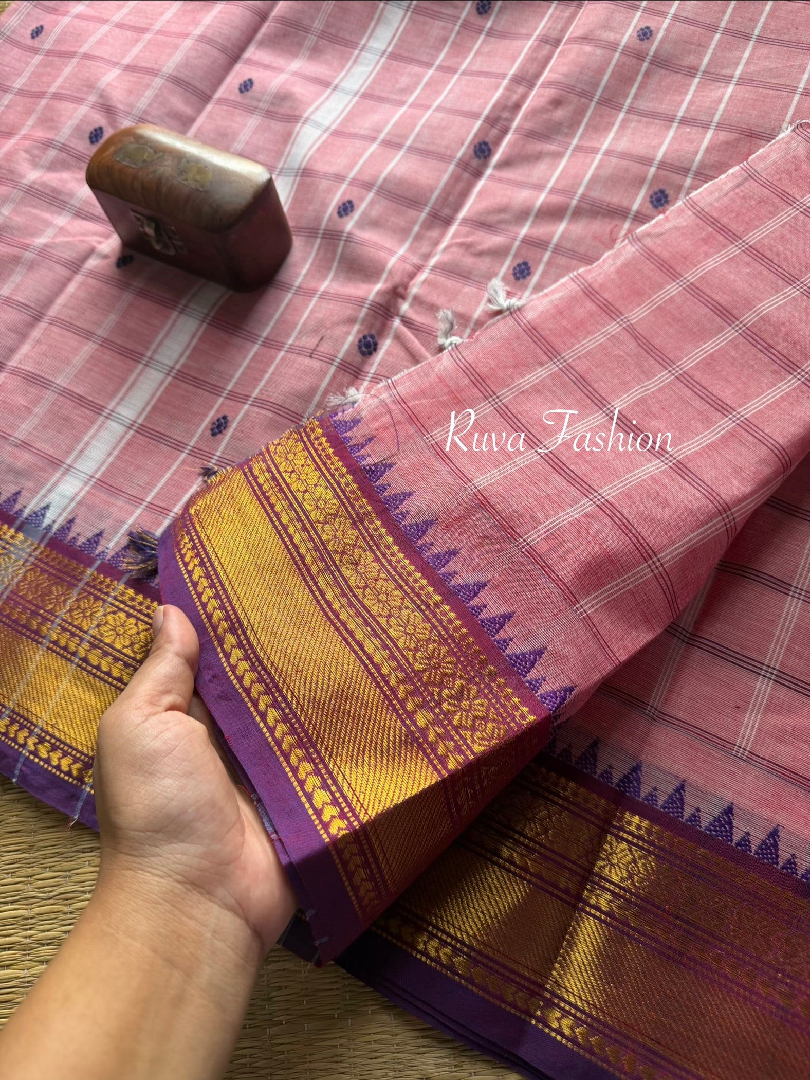RF91 Pastel Pink & Purple Shade Combination Kanchi cotton saree with  small contrast border , checks pattern and handmade thread buttas