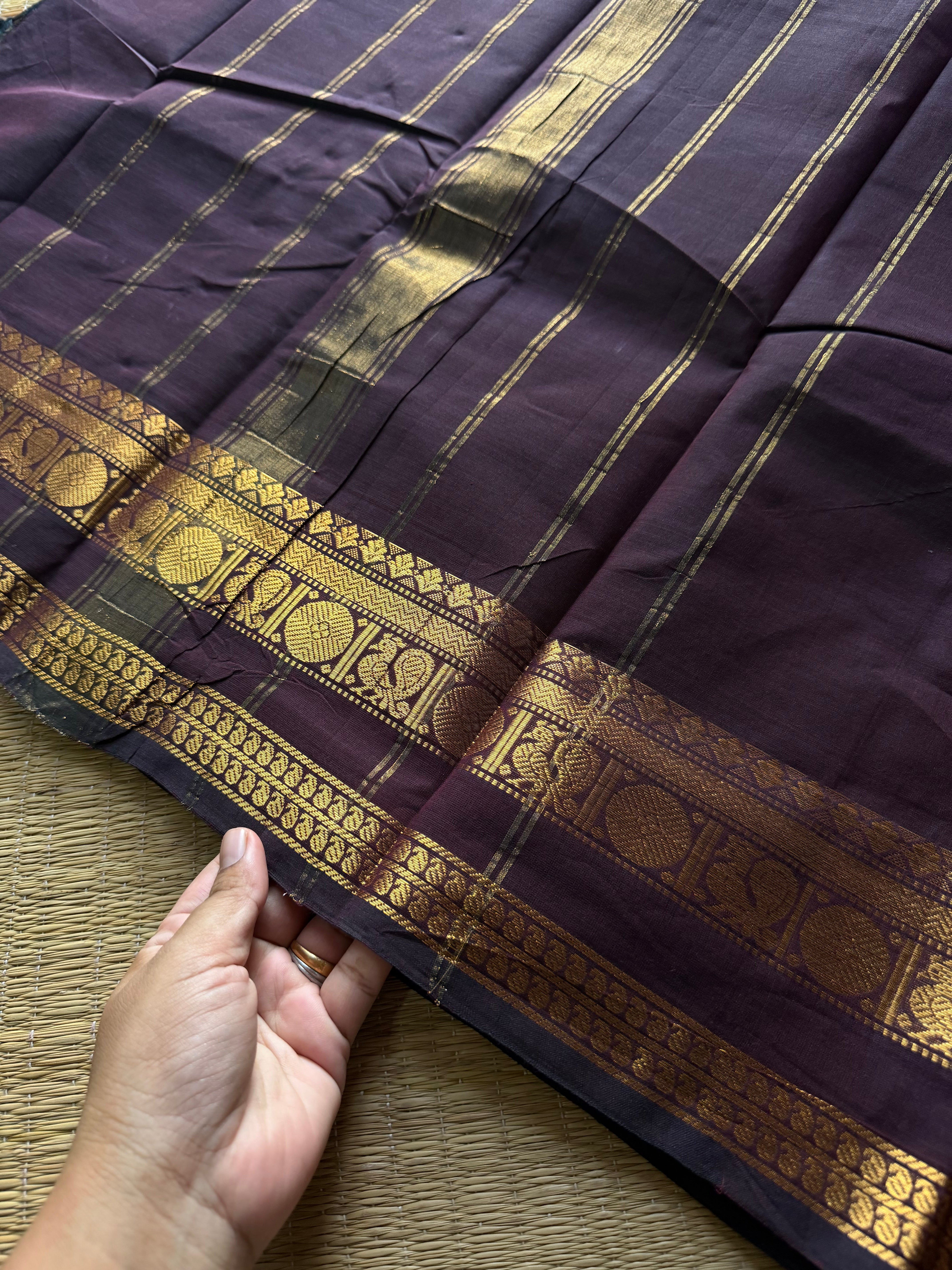 RF713 Monotone deep brown shade Kanchi cotton saree with Annam pattern golden Zari border