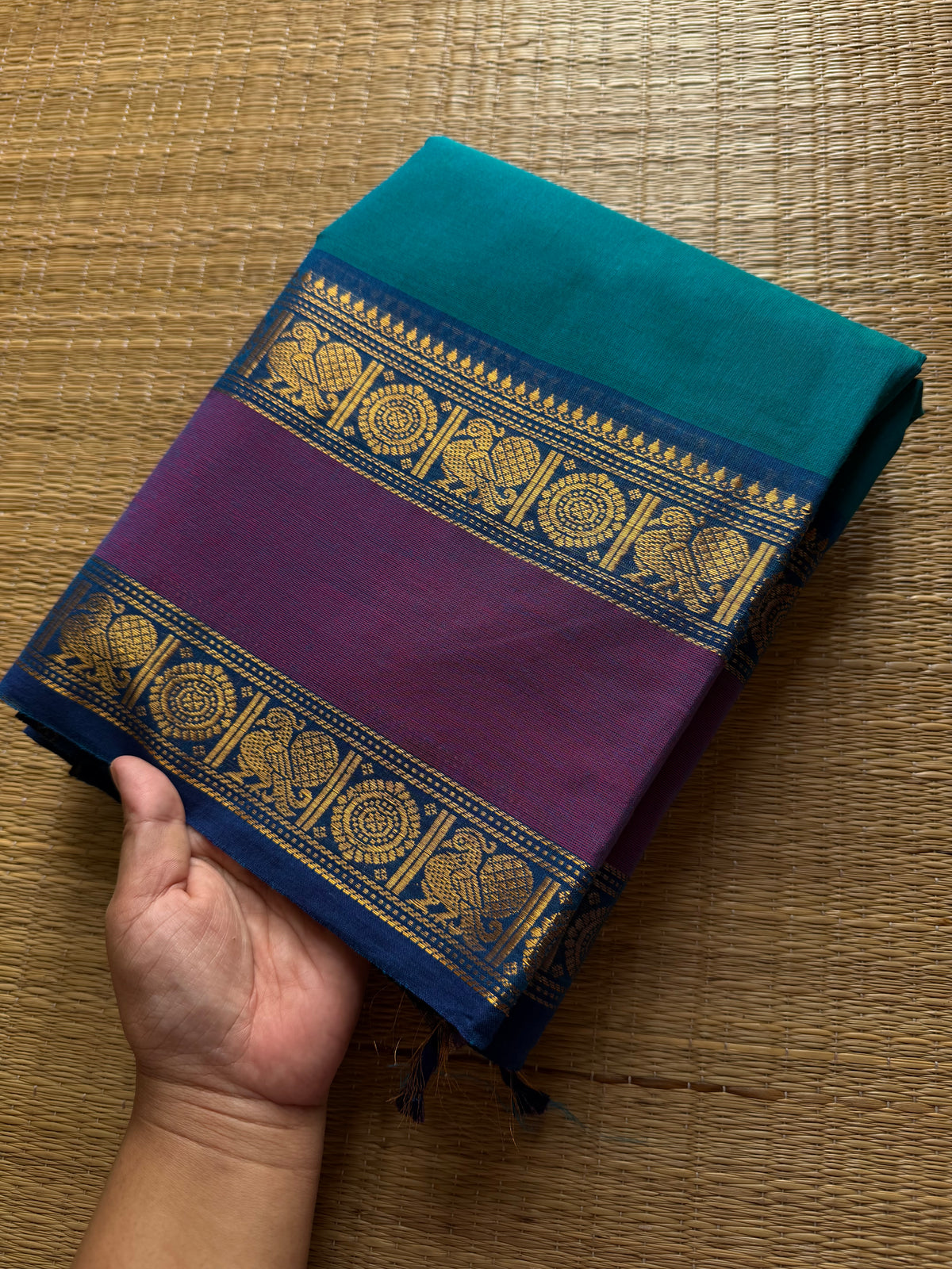 RF469 Ramablue shade Kanchi cotton saree with Annam pattern gap border
