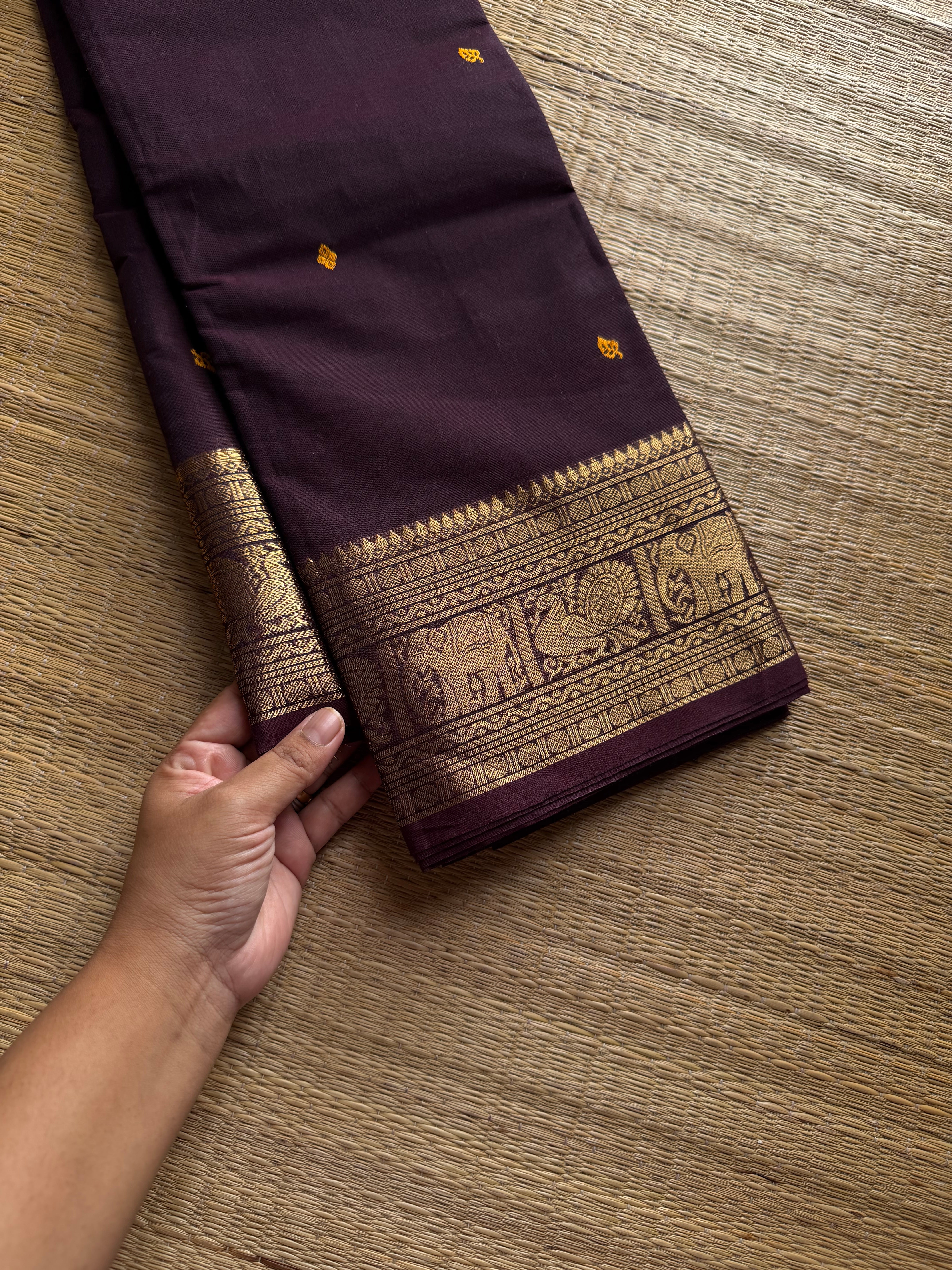 RF1247 Deep coffee brown Kanchi cotton saree with handmade thread buttas ~ Silk Saree Inspired