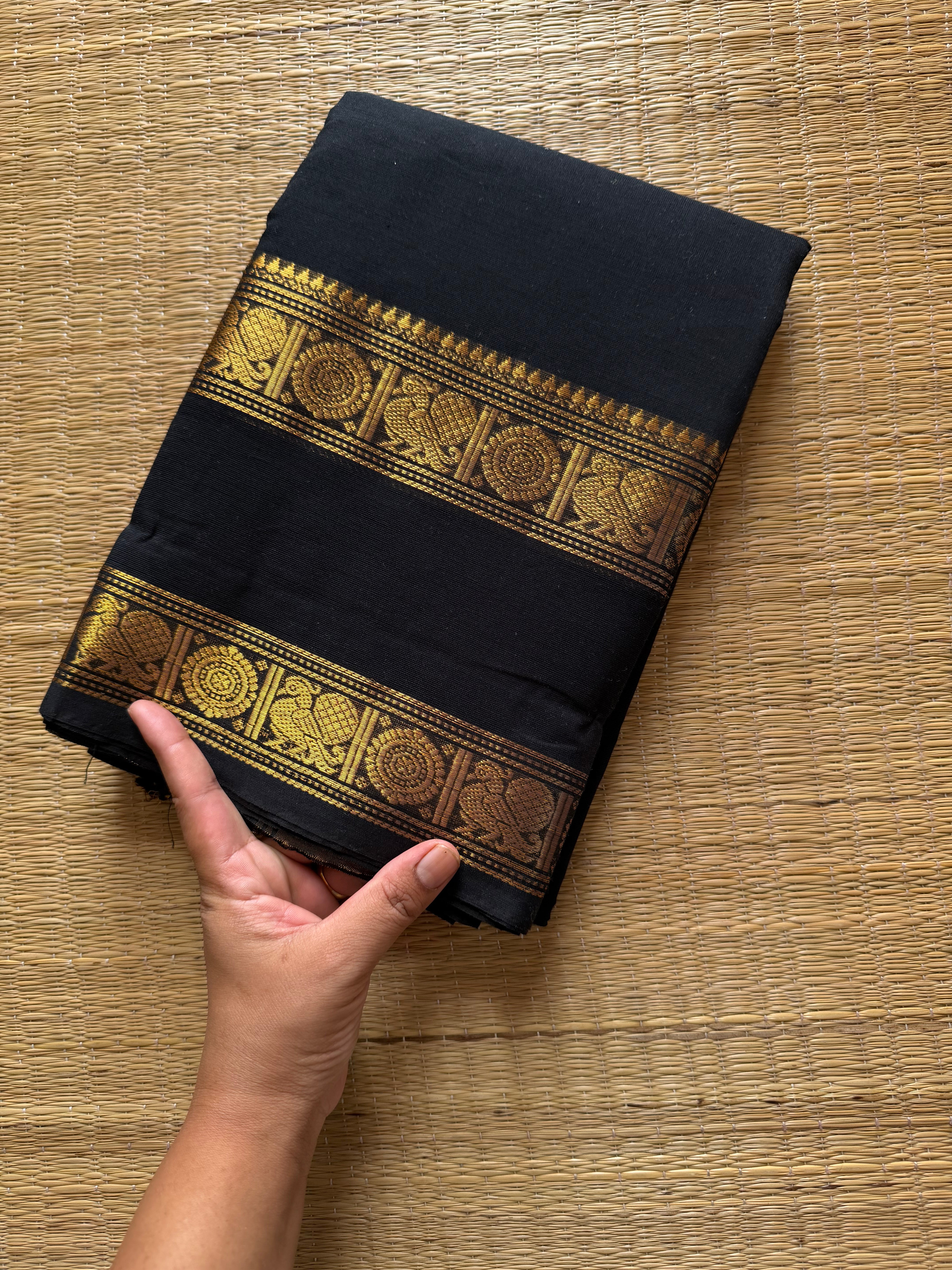 RF433 Monotone Black Shade Kanchi Cotton Saree With Premium Quality Rettapet Golden Zari border